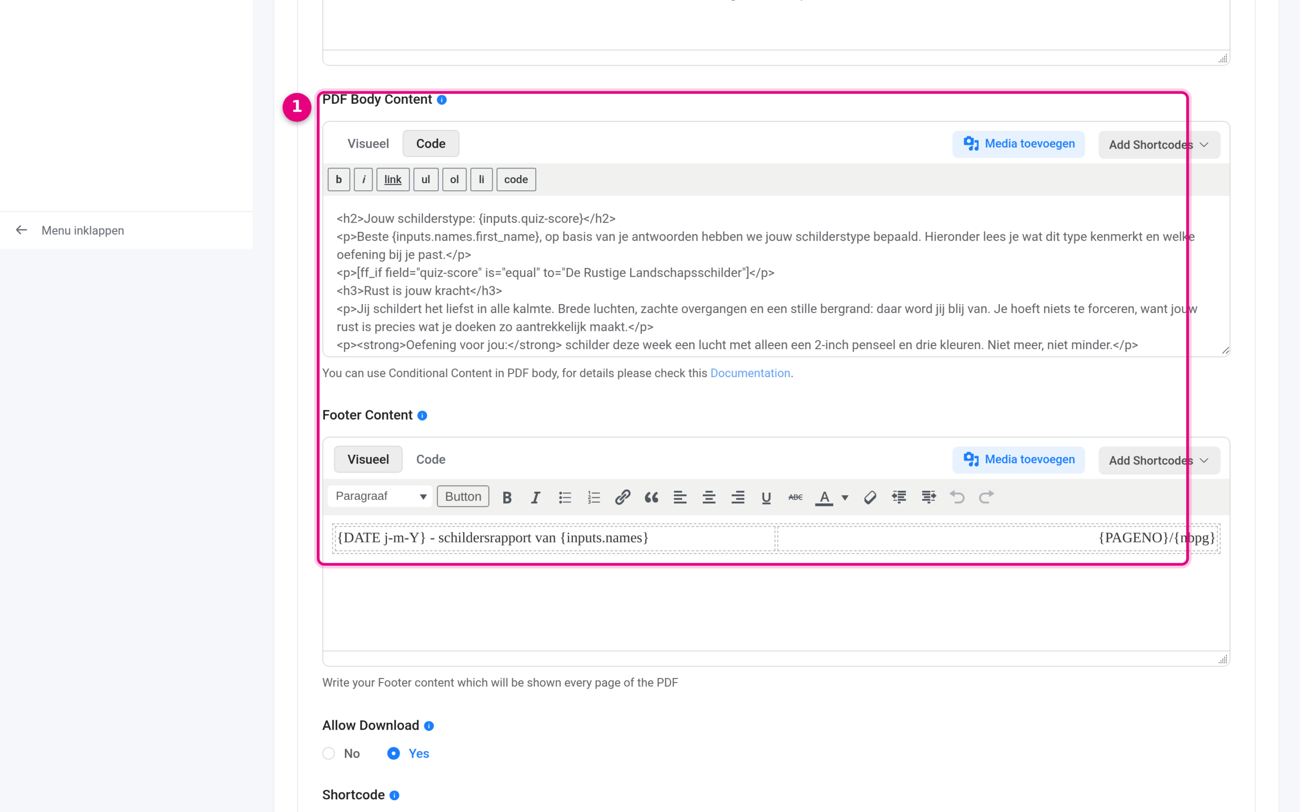 PDF Body Content with quiz shortcodes and conditional blocks