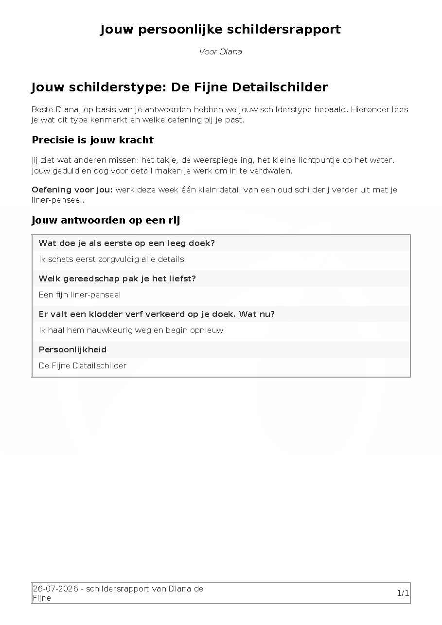 PDF report with the outcome The Fine Detail Painter