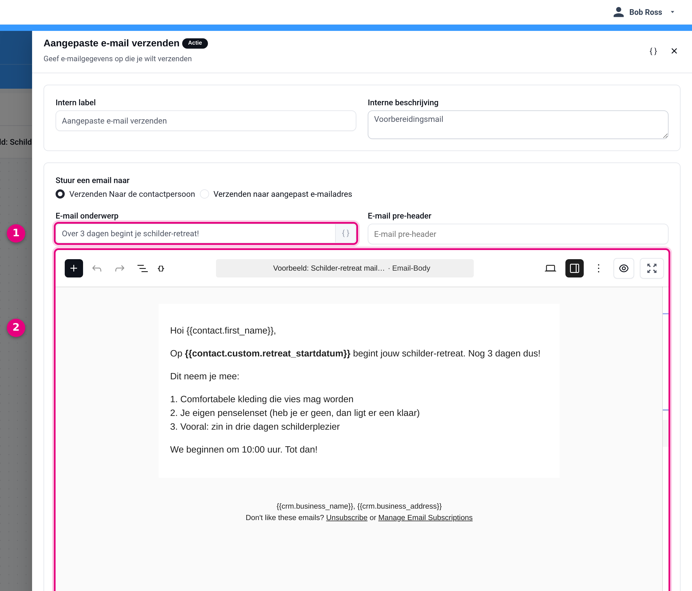Email step with a merge code for the start date in the text