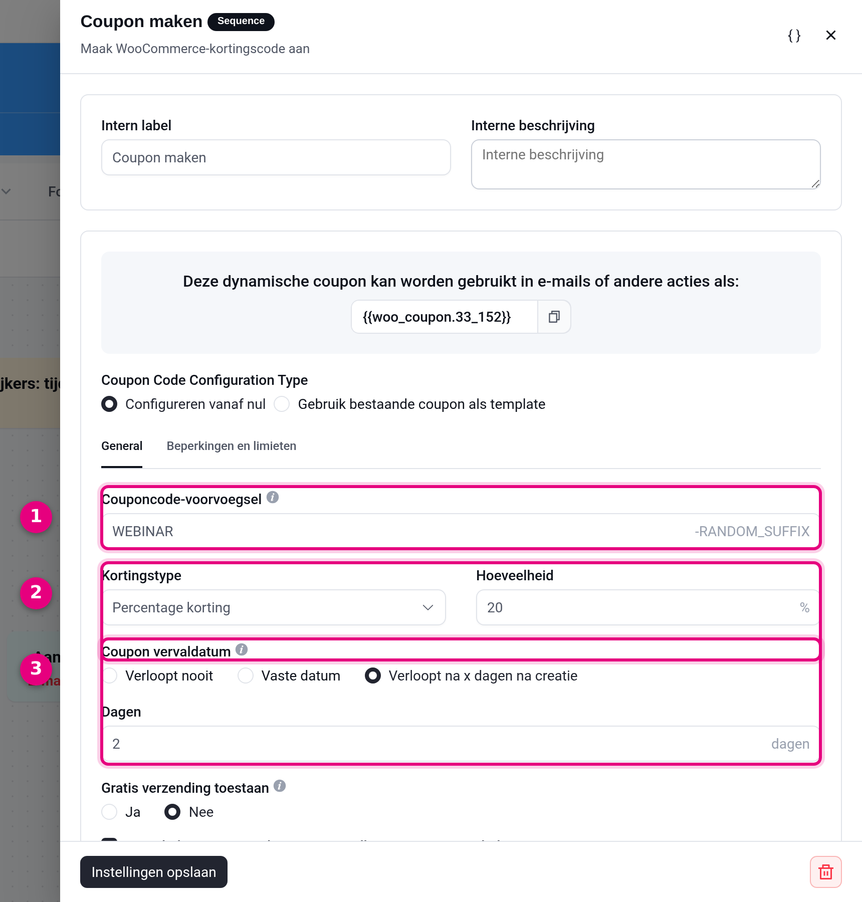Settings of the Create coupon action with an expiry date 2 days after creation