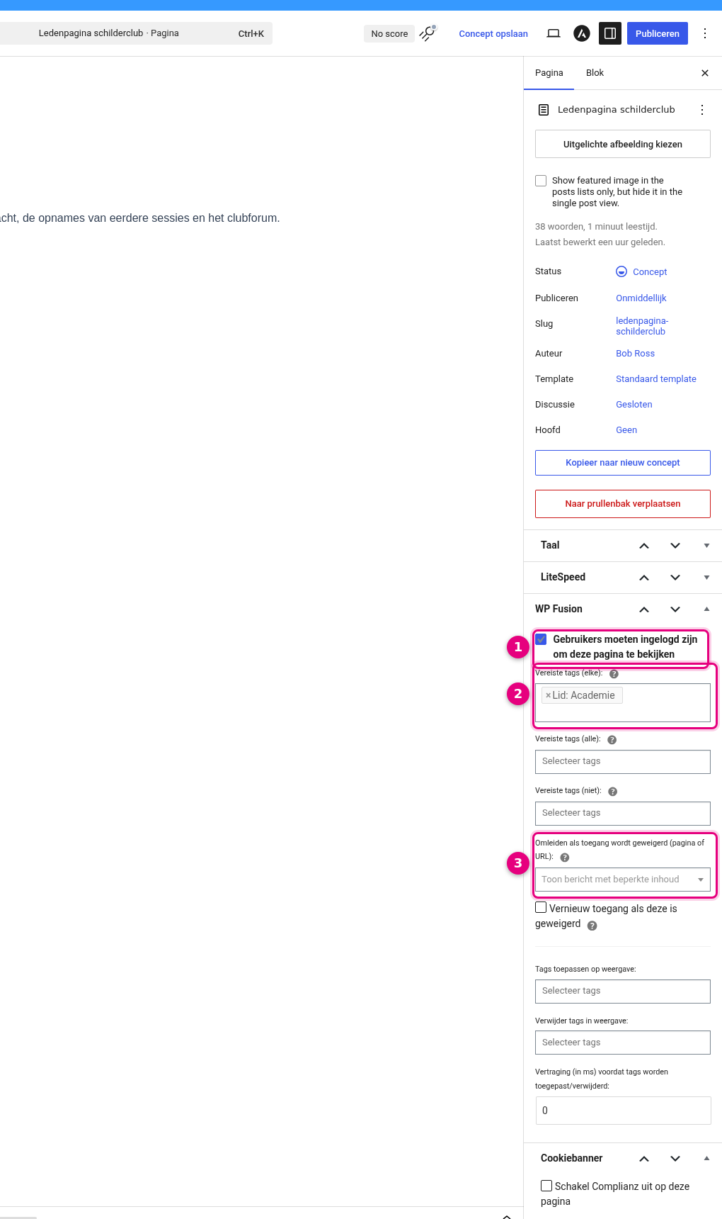 WP Fusion panel in the page editor with access settings