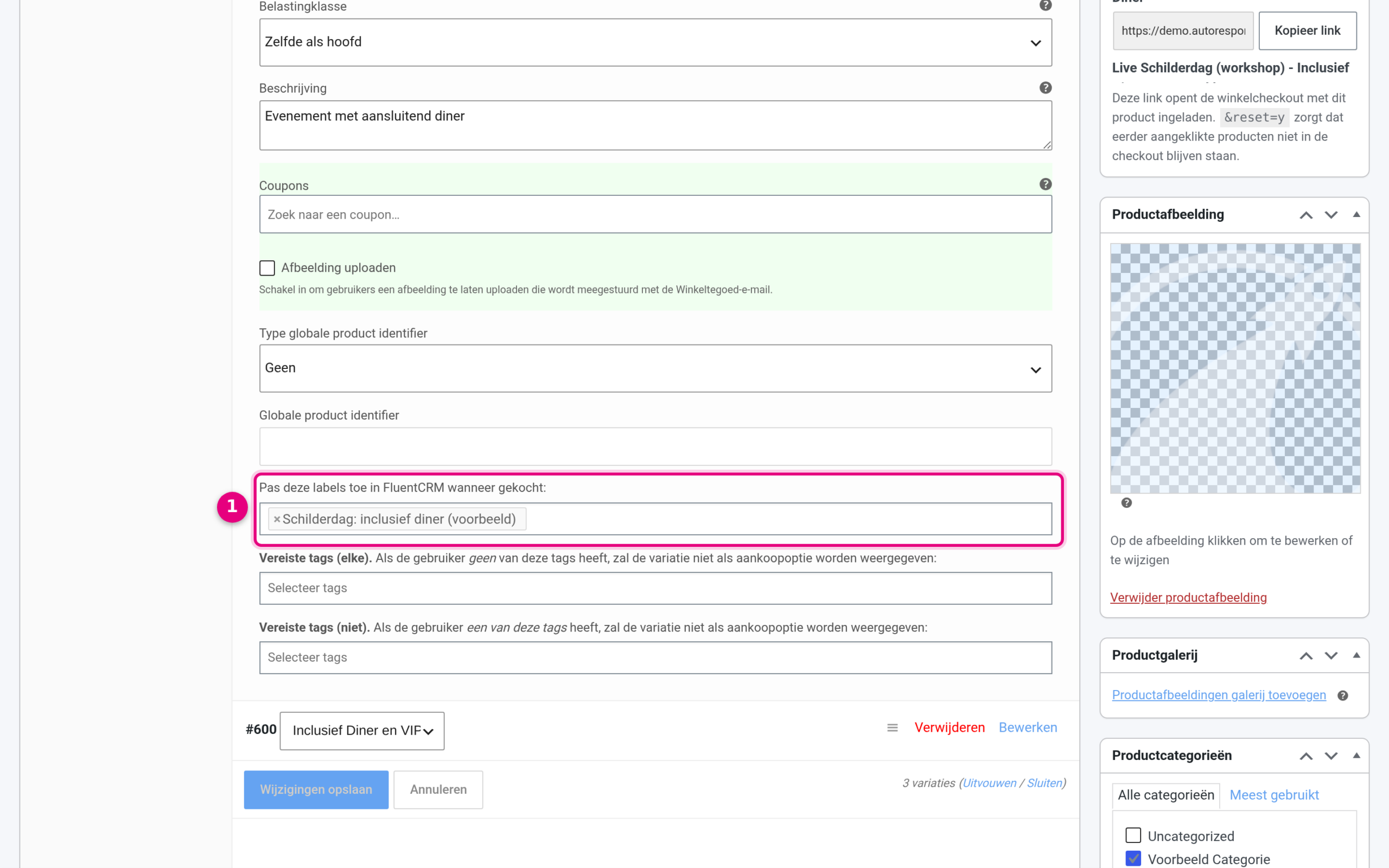 Expanded variation with the field Apply these labels in FluentCRM when purchased