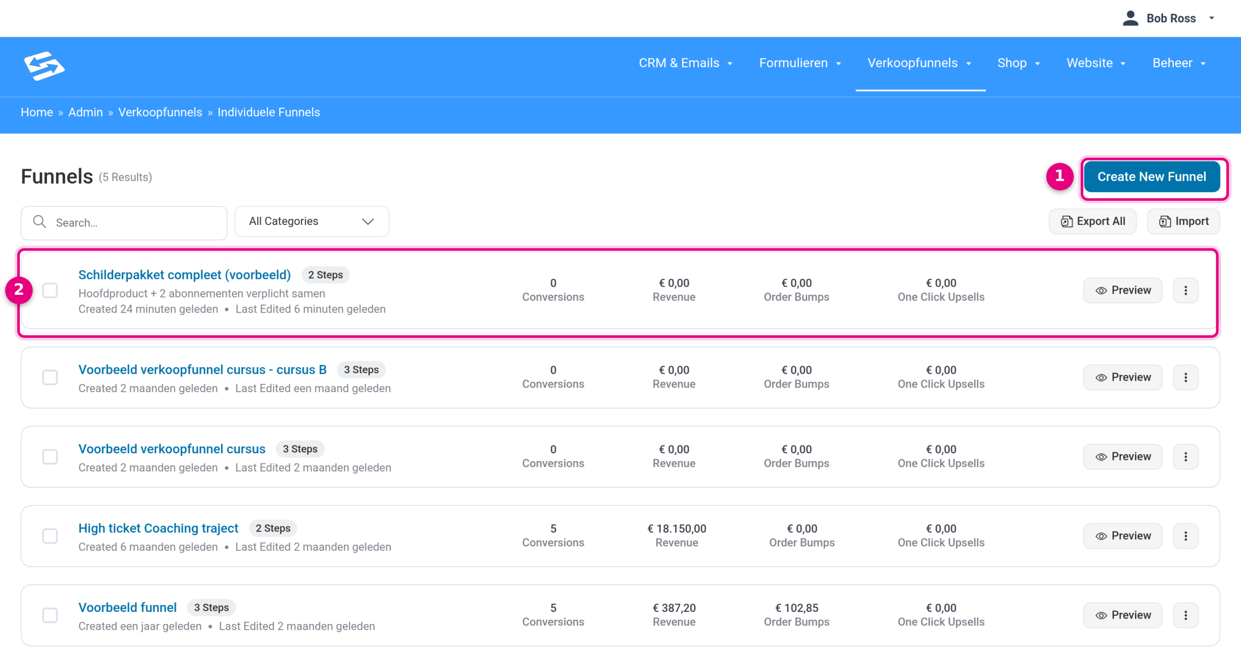 Funnels overview with the Create New Funnel button and a sample funnel