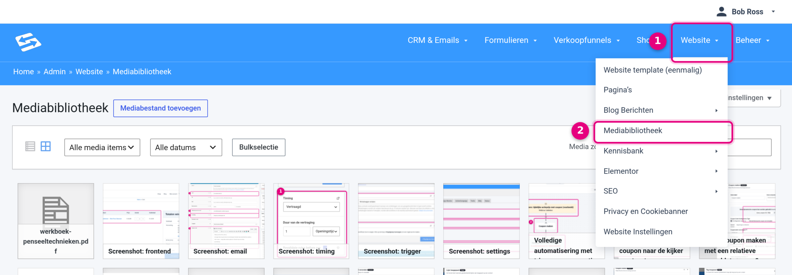 The Website menu with the Media Library menu item