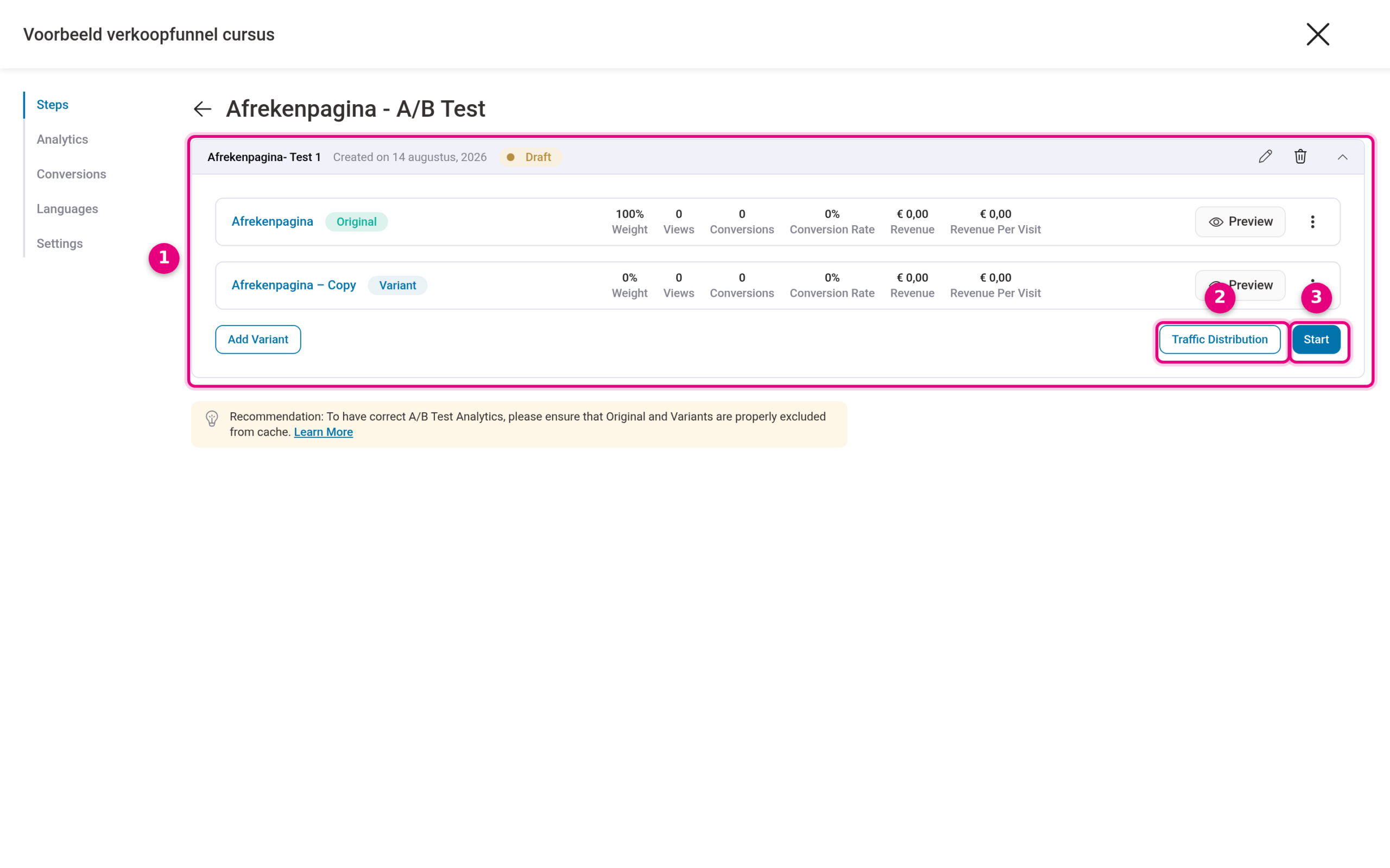 The A/B test with original and variant, ready to start