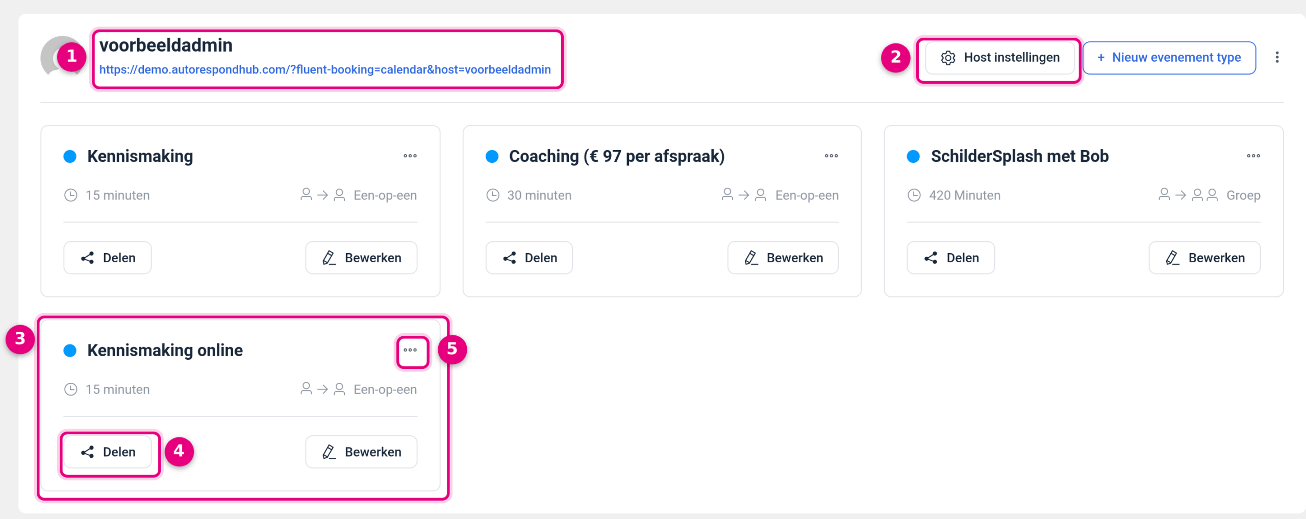 The Calendars screen with a host and its booking types
