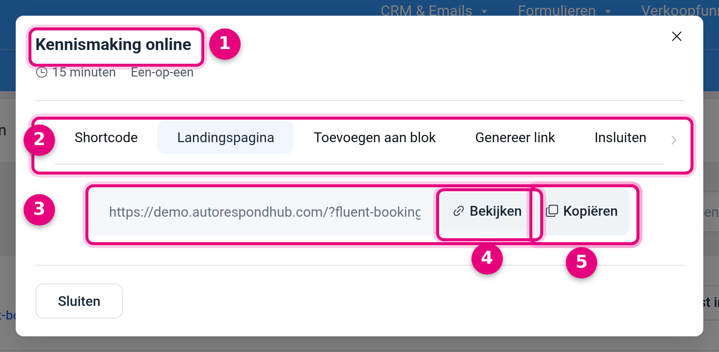 The share panel of a booking type on the Landing page tab