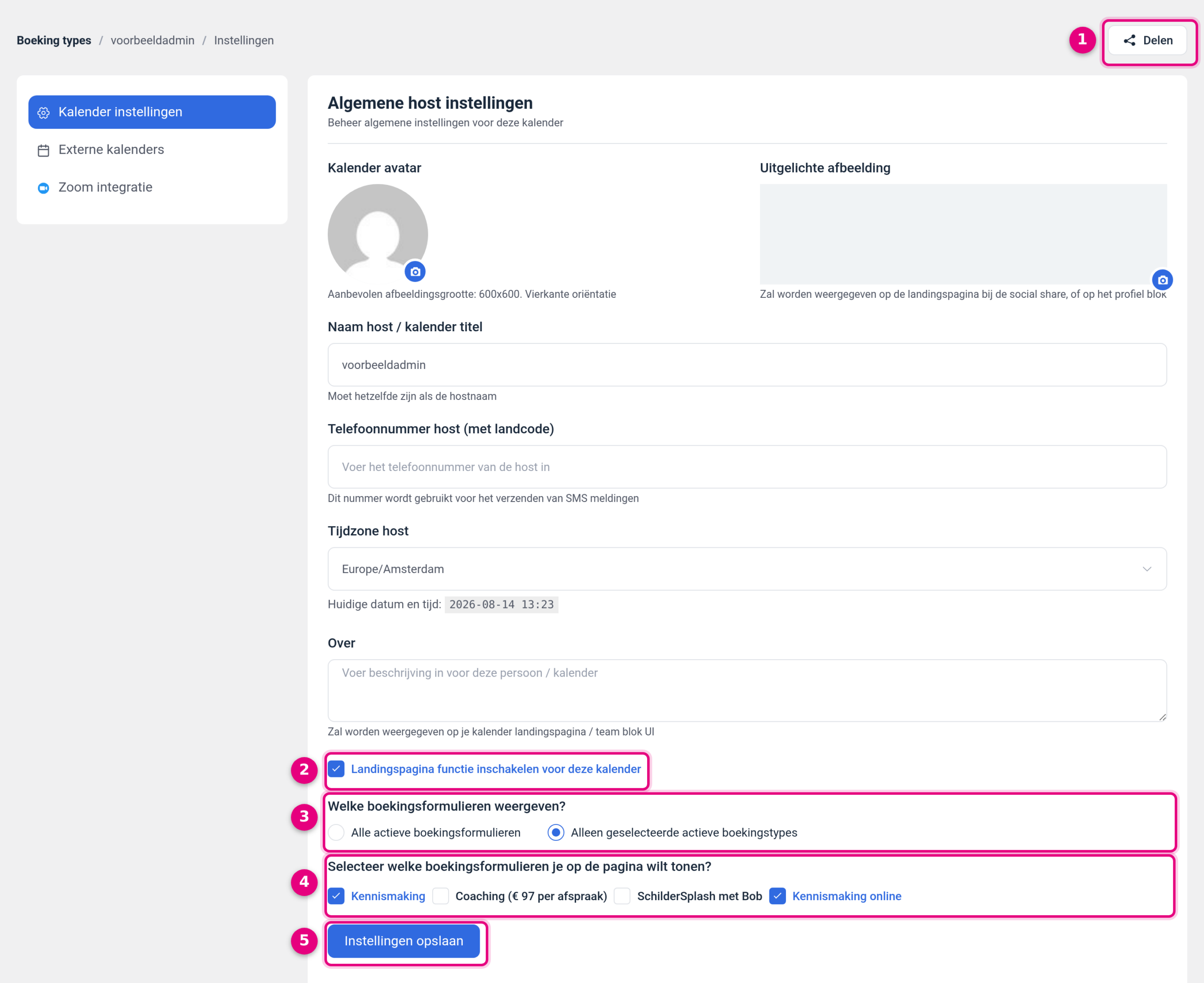 The host settings with the settings for the landing page