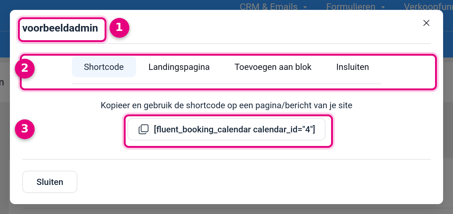 The share panel at host level with the shortcode of the calendar
