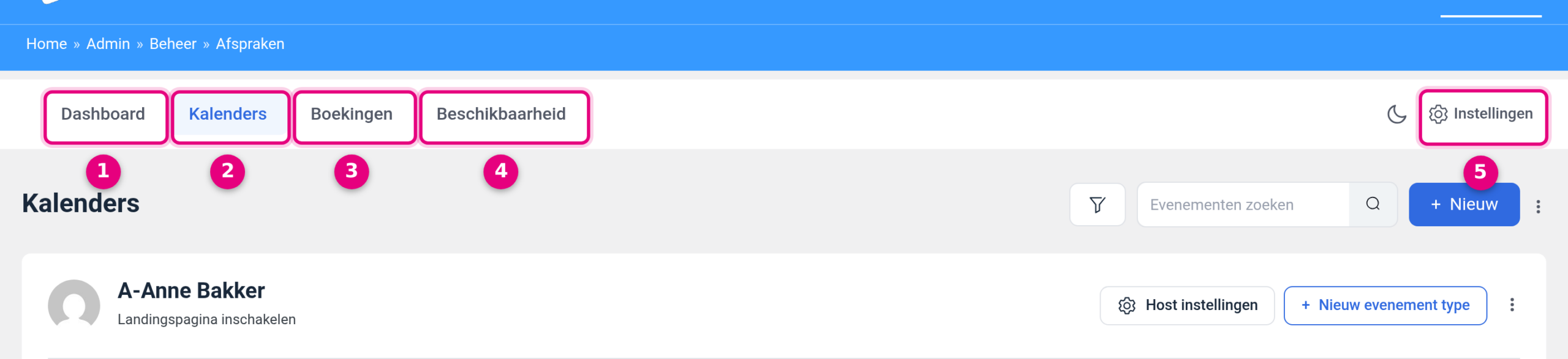The five tabs of the Appointments module