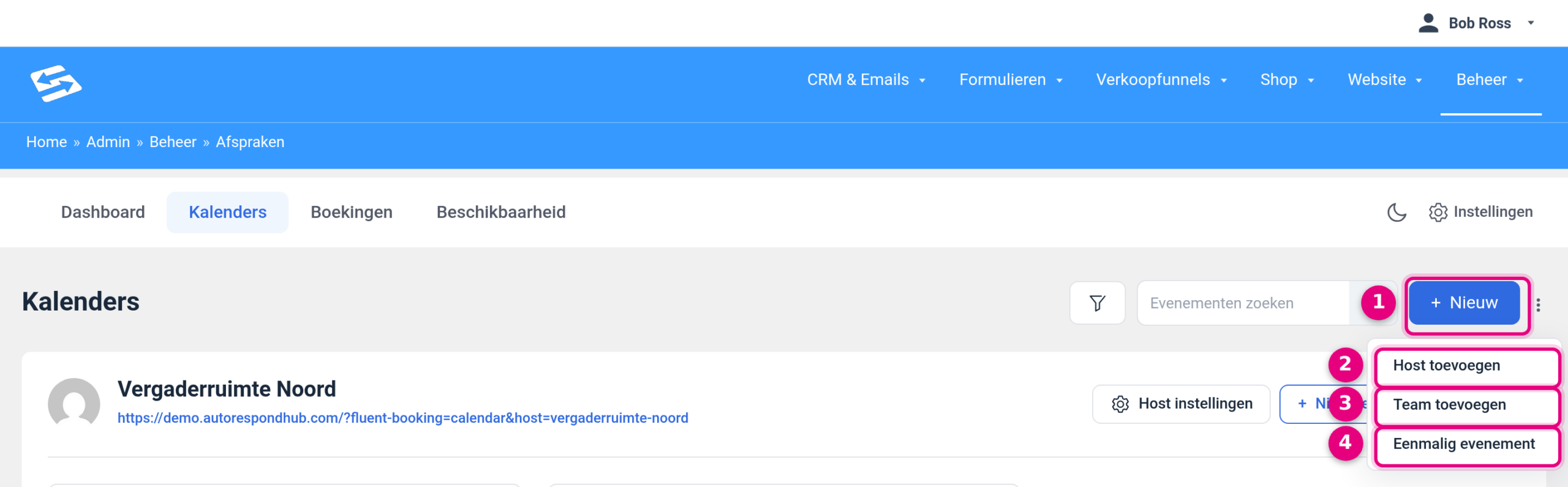 The New button with Add host, Add team and One-off event