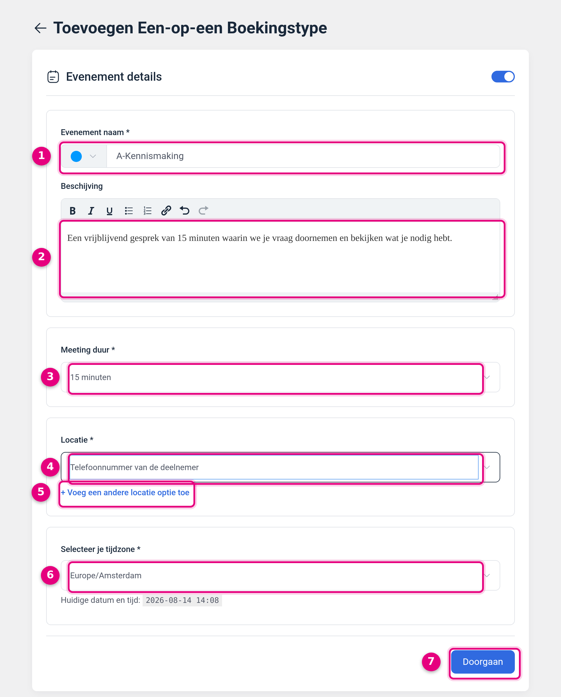 The Event details screen when creating a booking type