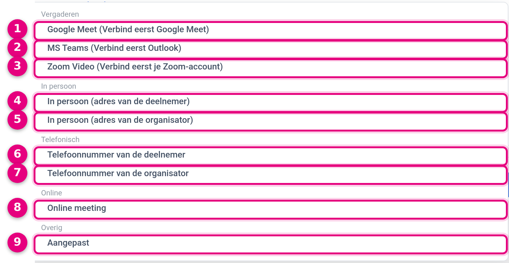The list of locations for a booking type