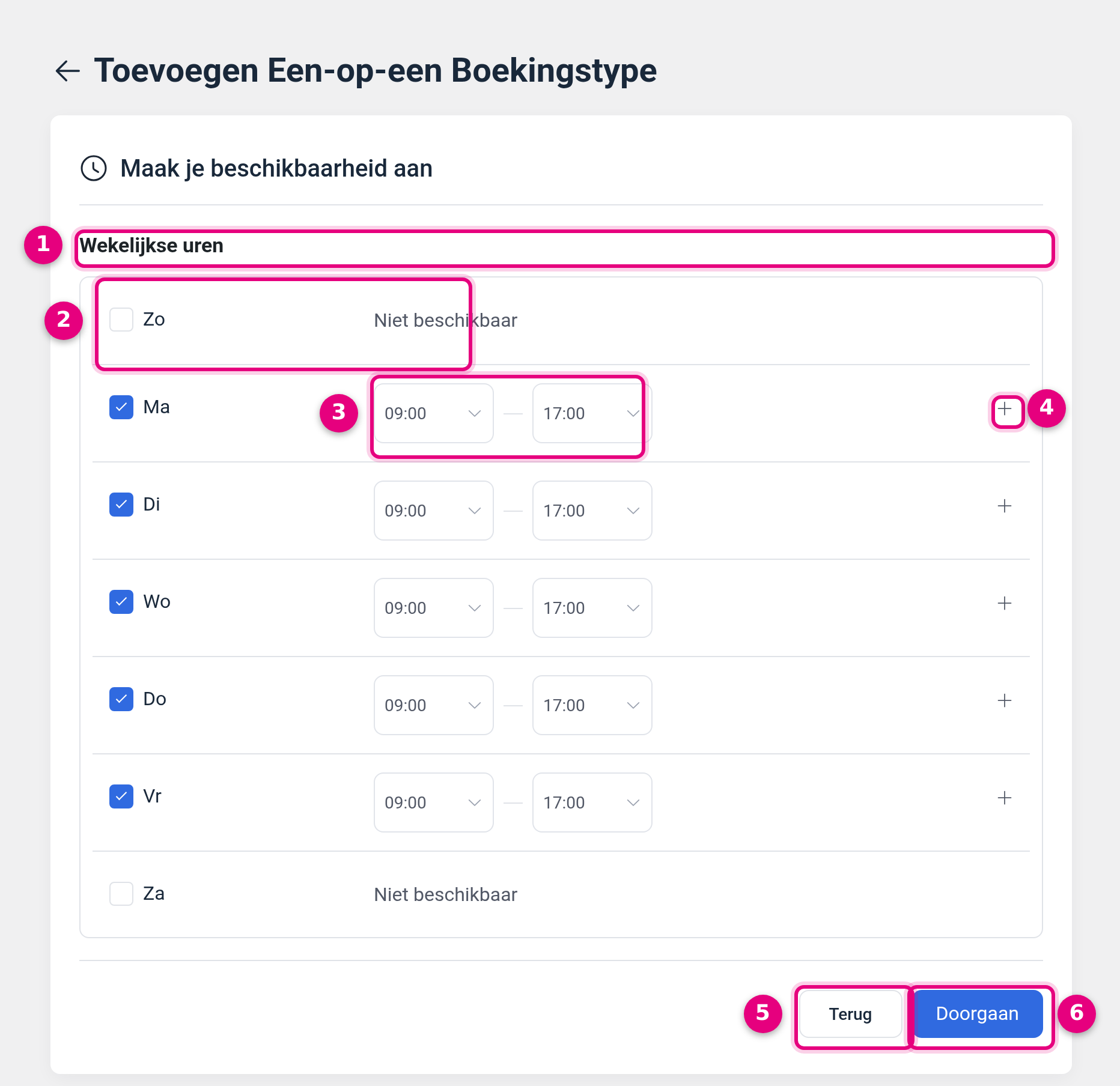 The Create your availability step with the weekly hours