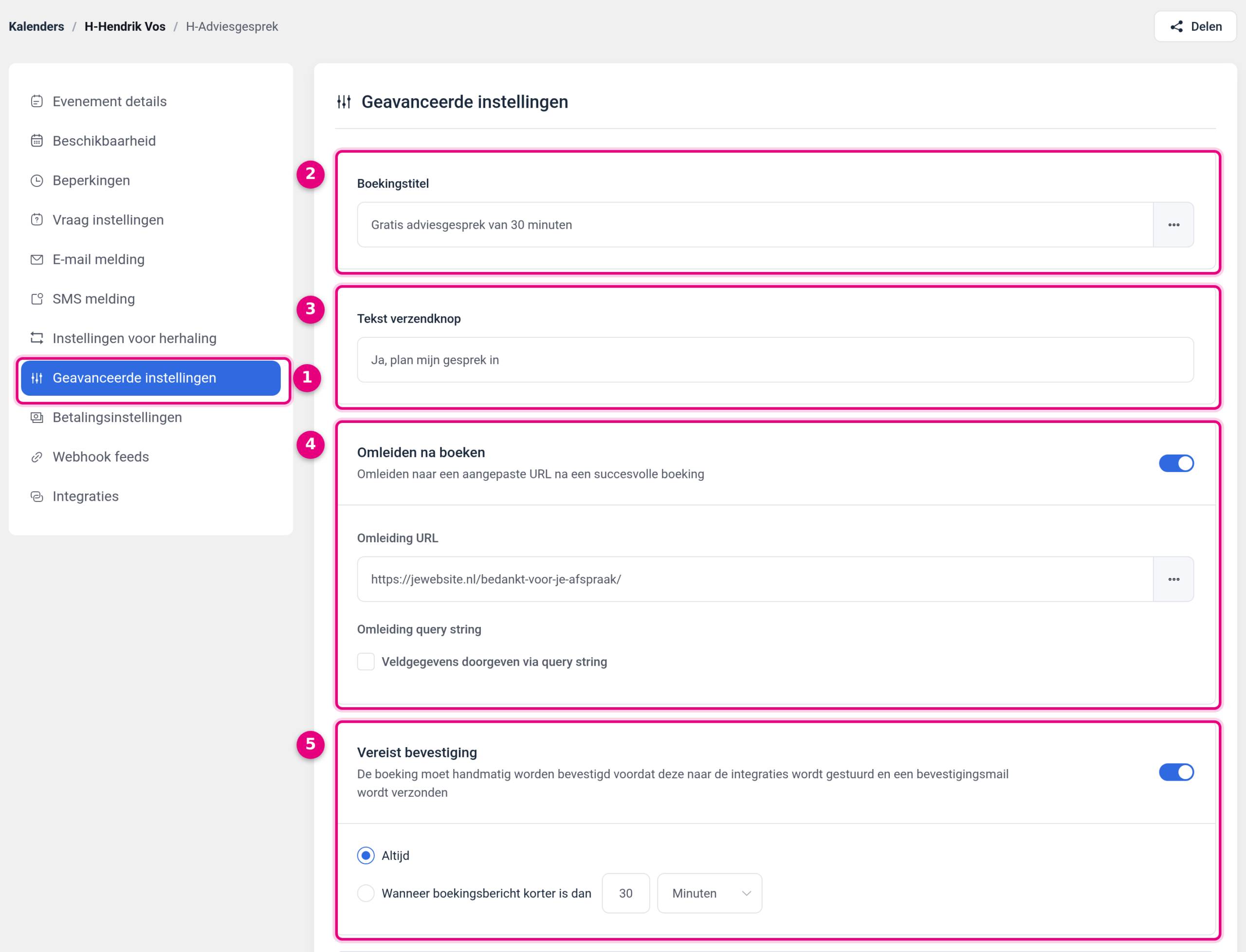 The Advanced settings tab of a booking type