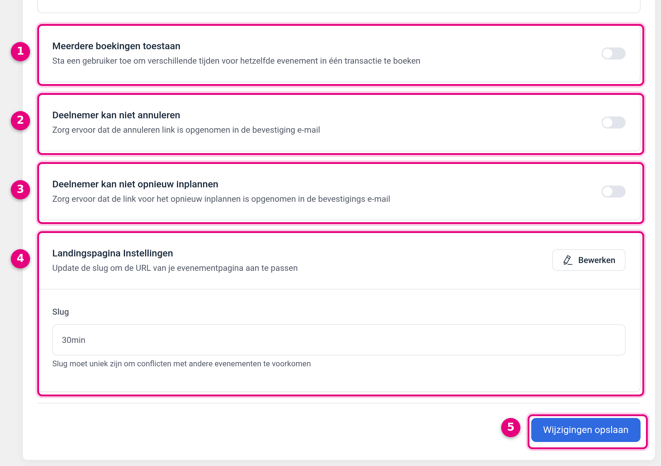 The lower part of the Advanced settings tab with the toggles and the slug