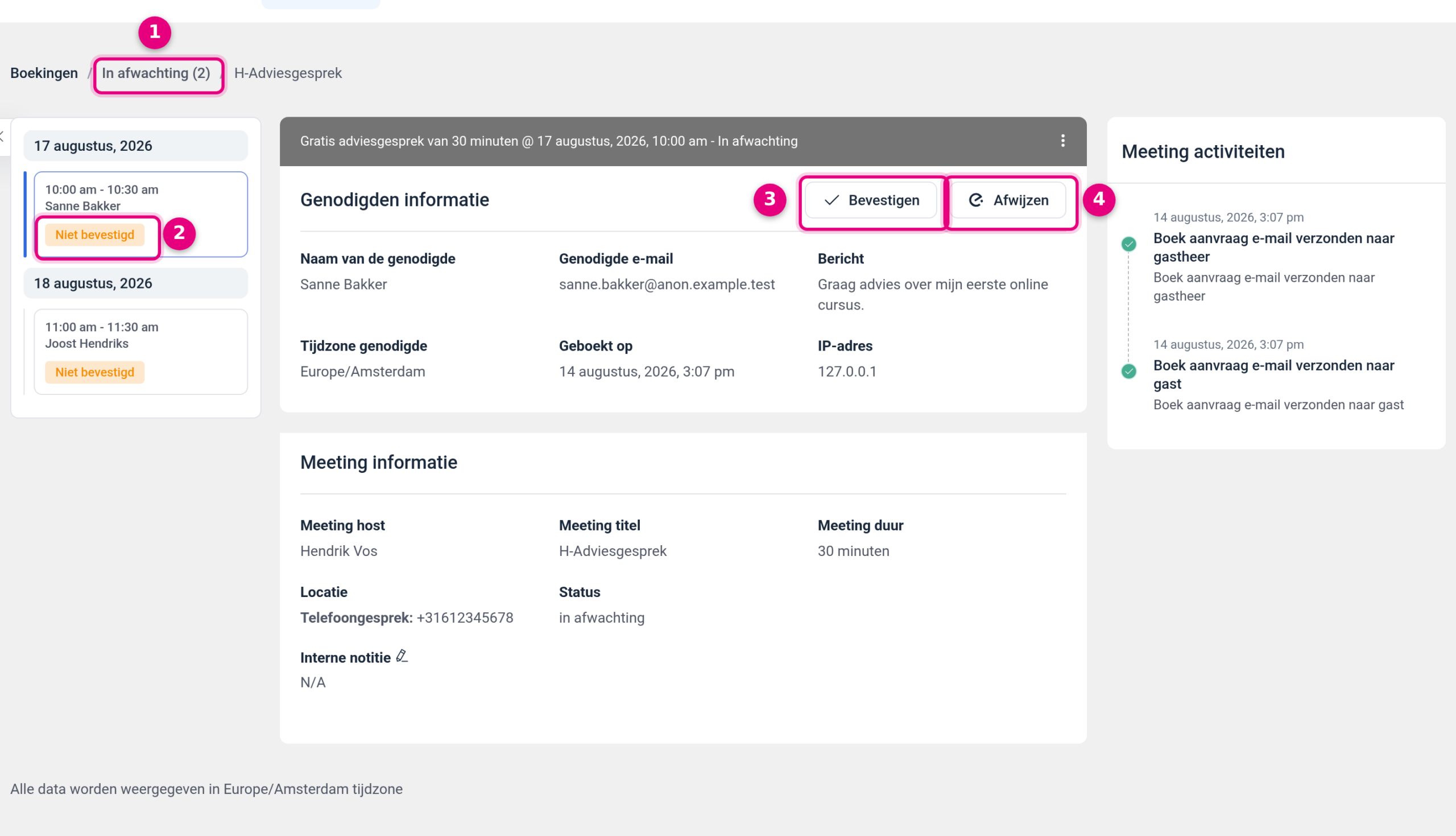 A pending booking with the Confirm and Reject buttons