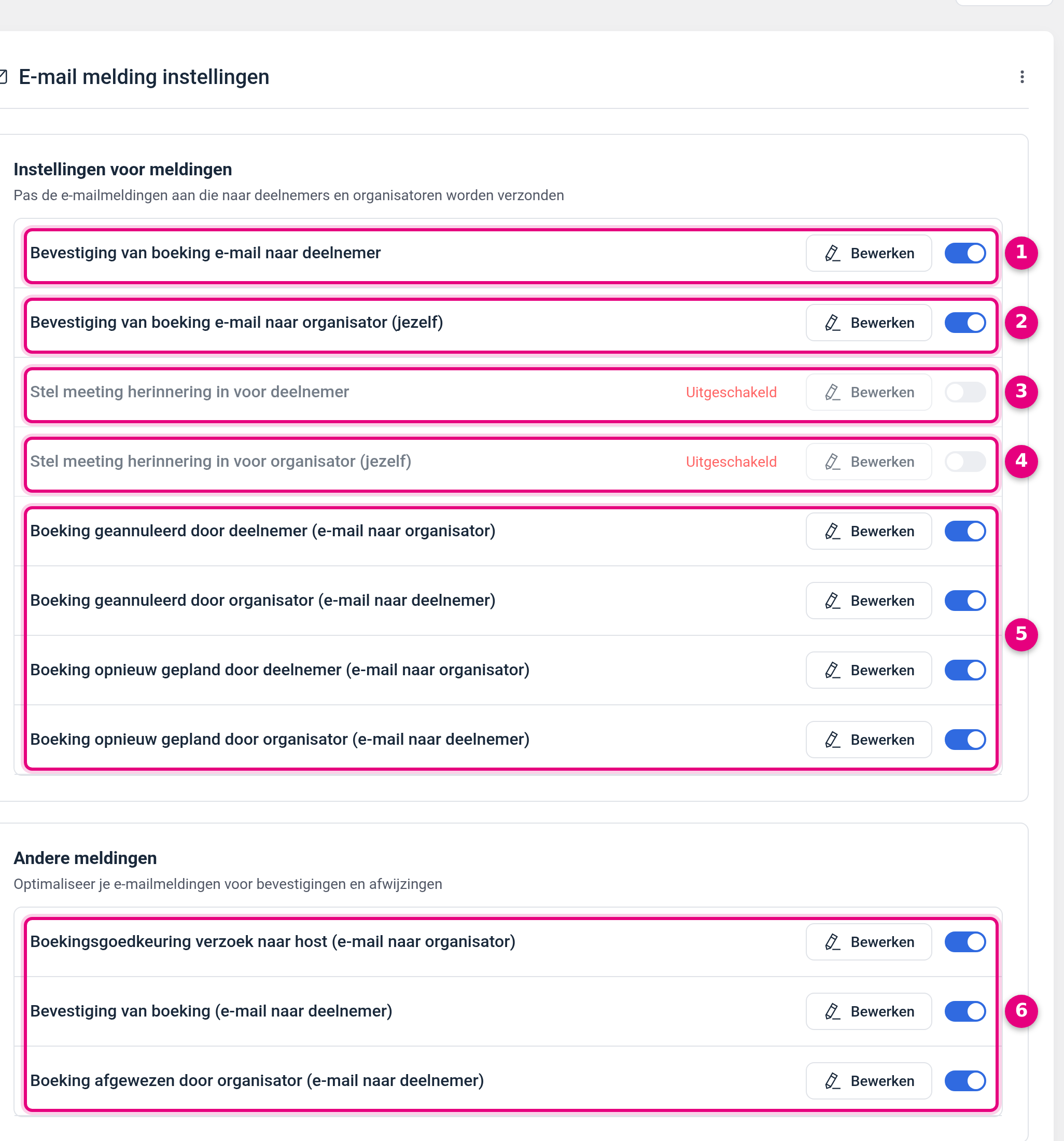 The Email notification tab of a booking type with all available emails