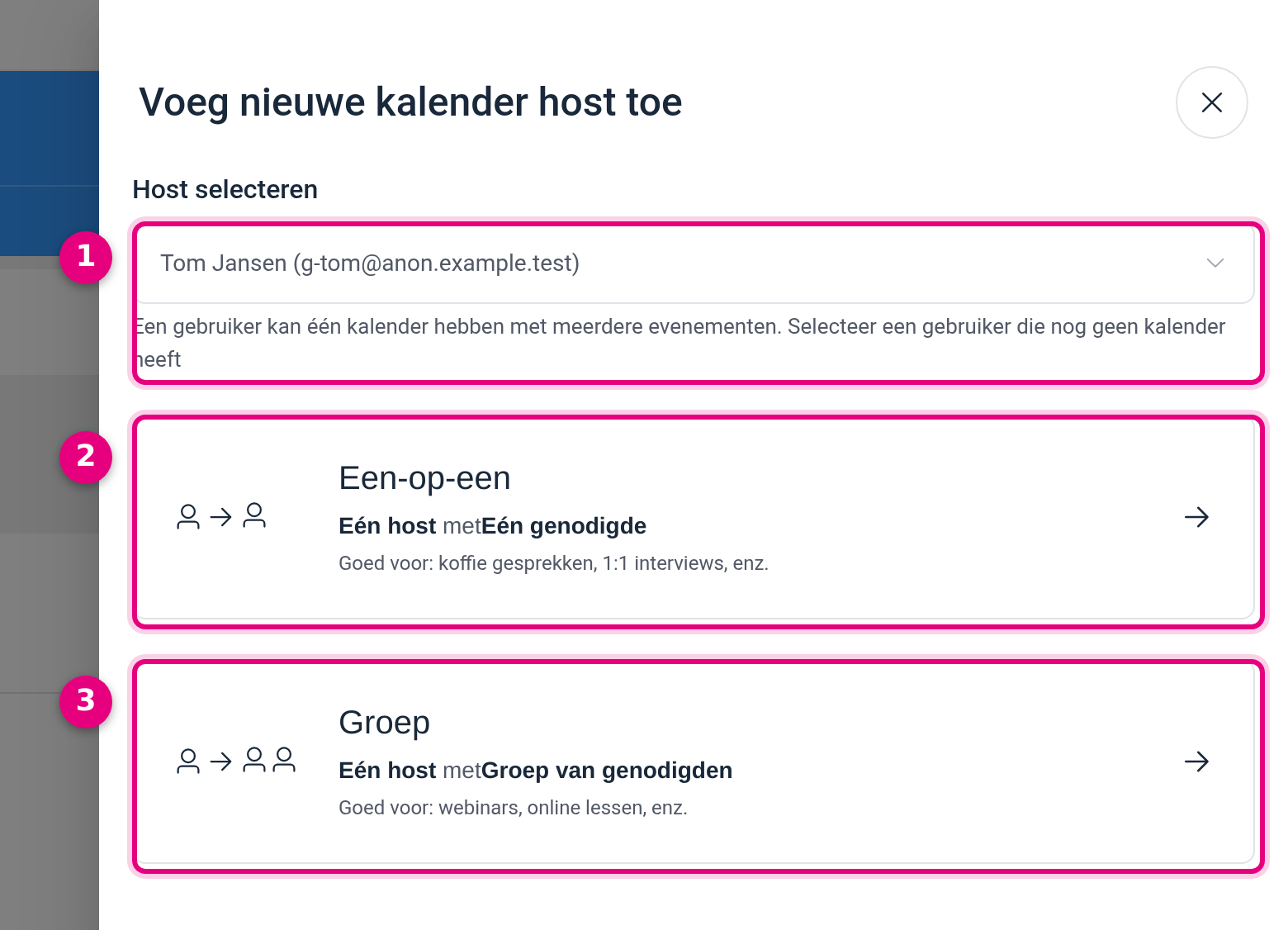 The Add new calendar host panel with the Select host field and the One-to-one and Group options