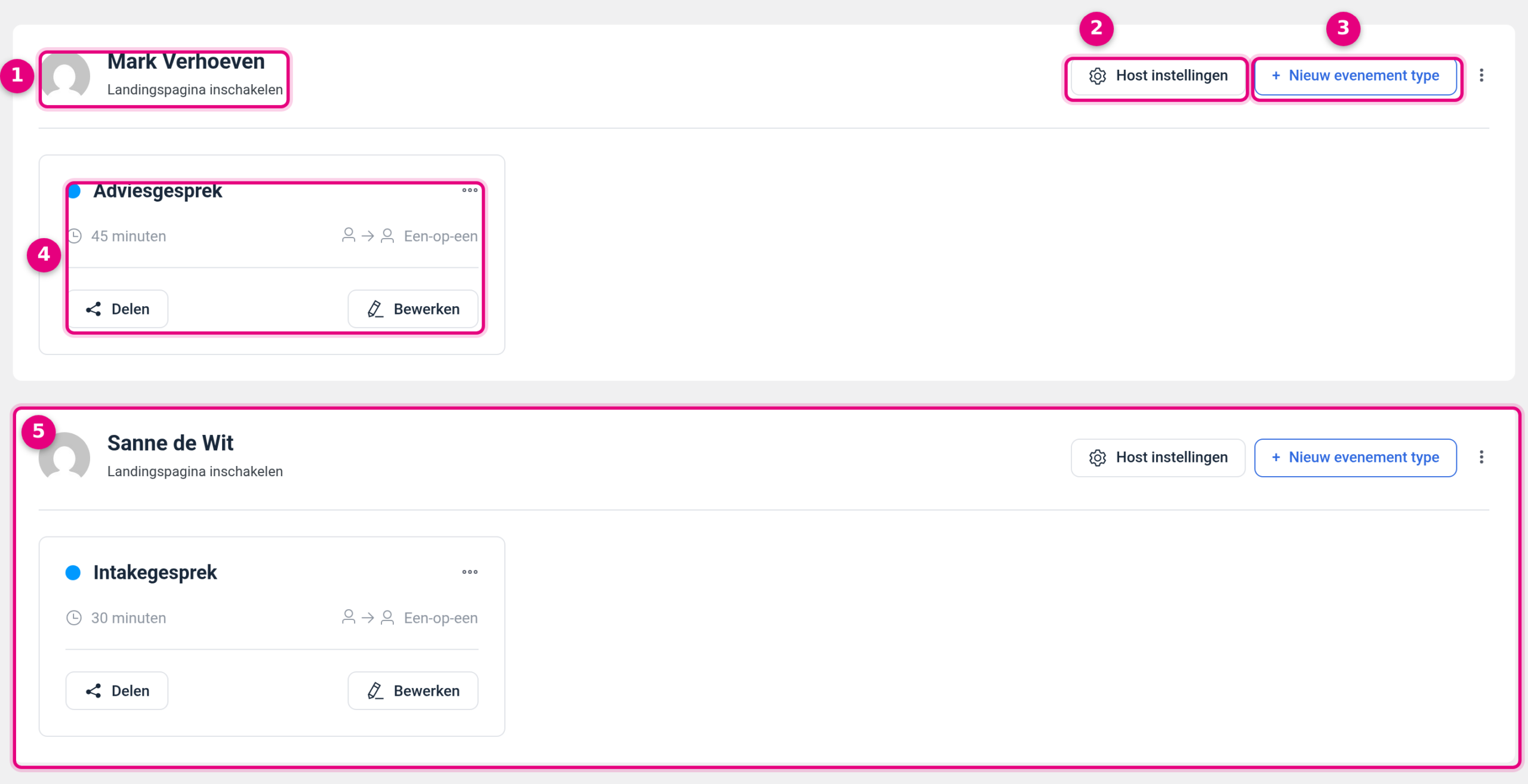 The Calendars tab with two hosts, each with its own block and its own booking types