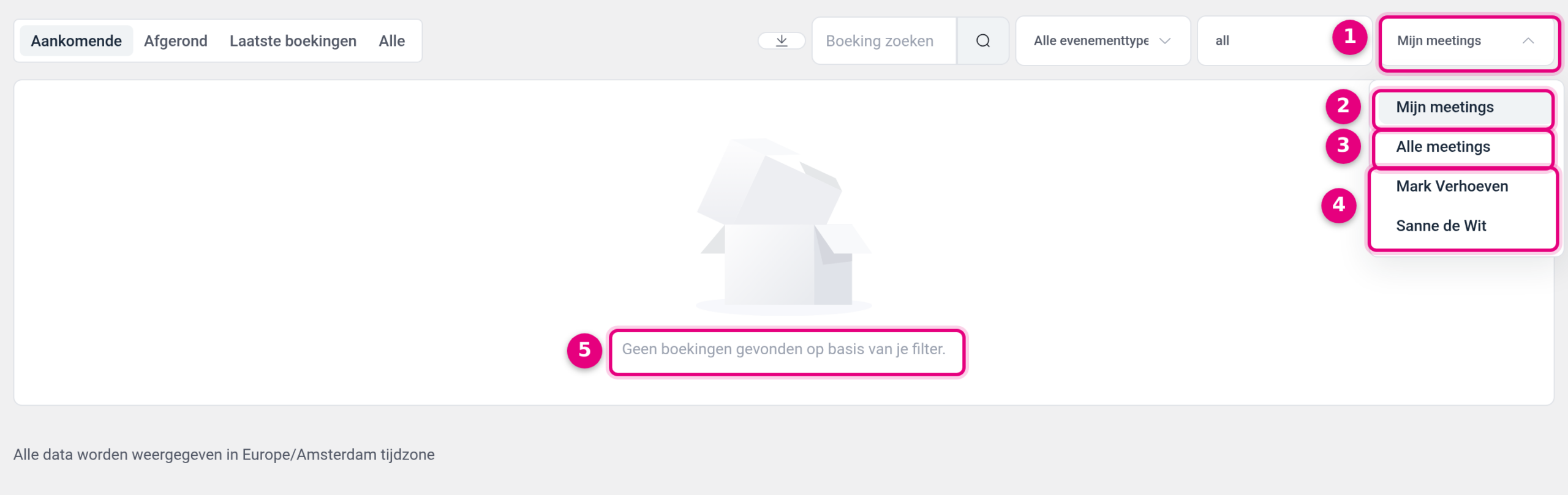 The Bookings tab with the host filter open showing My meetings, All meetings and the names of the hosts