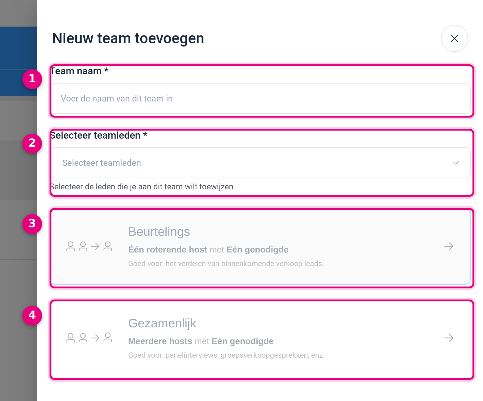 The Add new team panel with the Team name and Select team members fields and the Round robin and Collective options