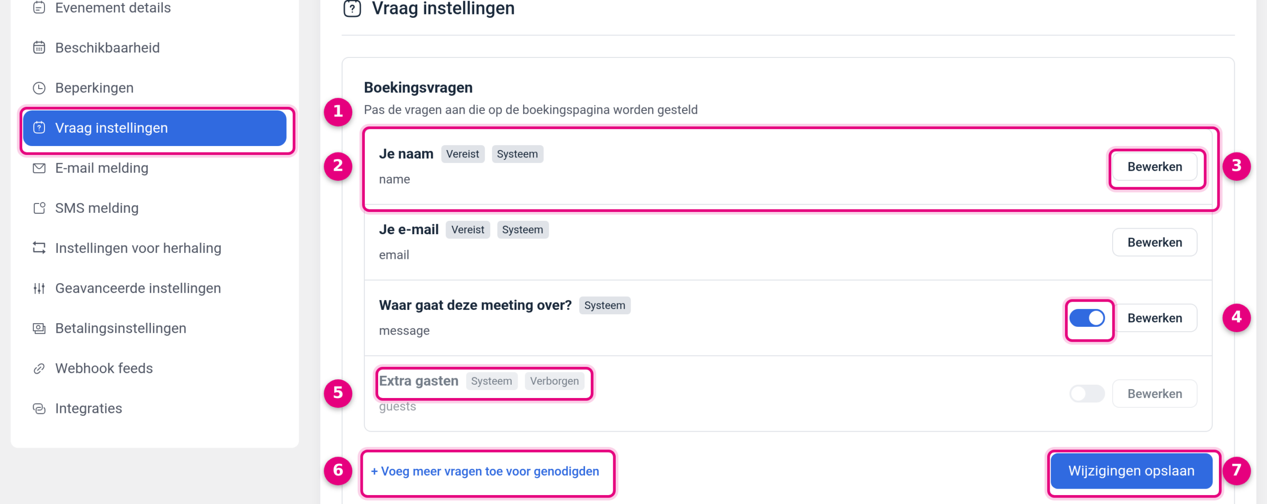 The Question settings tab with the four default booking questions