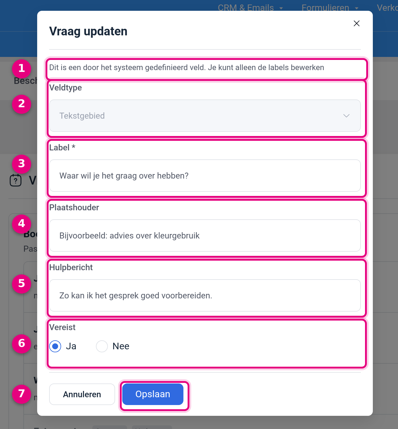The Update question window with the Label, Placeholder, Help message and Required fields