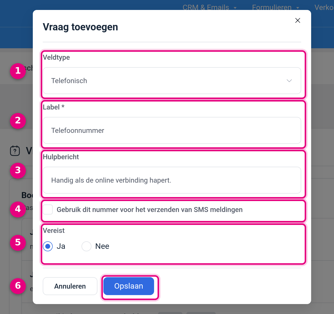 The Add question window with field type Phone and the label Phone number