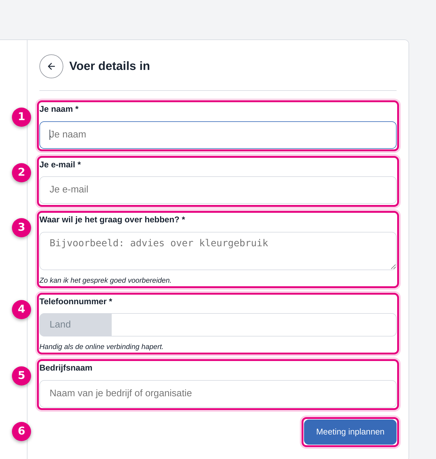 The booking form on the website with all configured questions