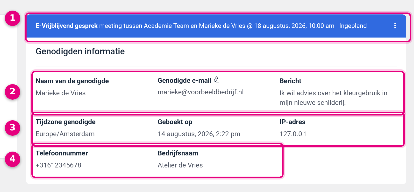 The detail screen of a booking with the answers to the booking questions