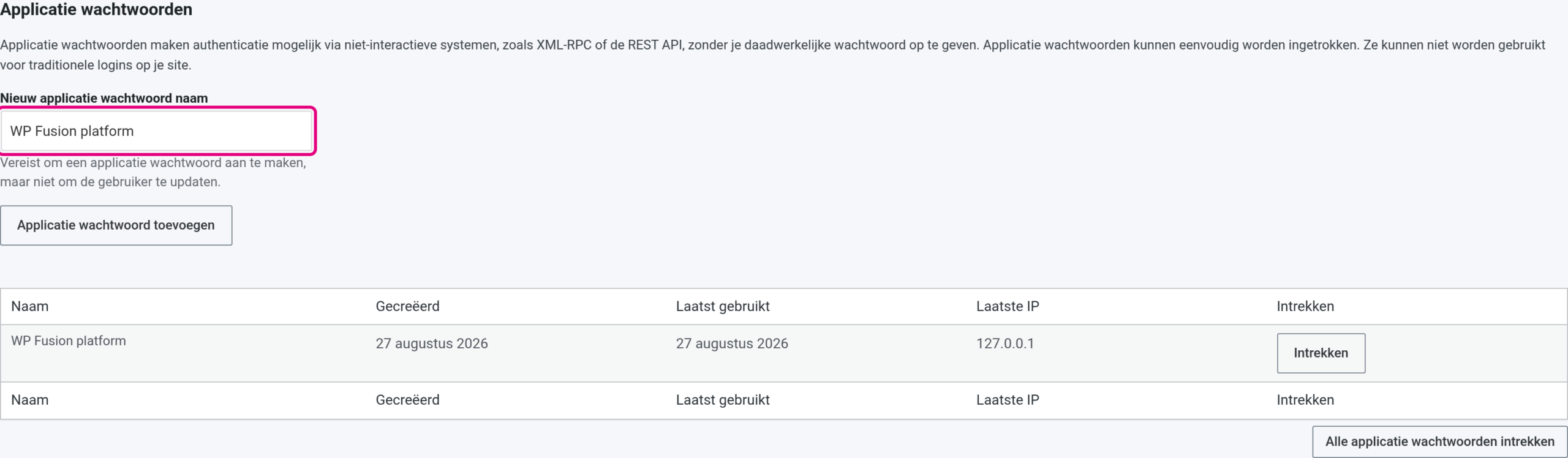 Creating an application password on the profile of the connection account