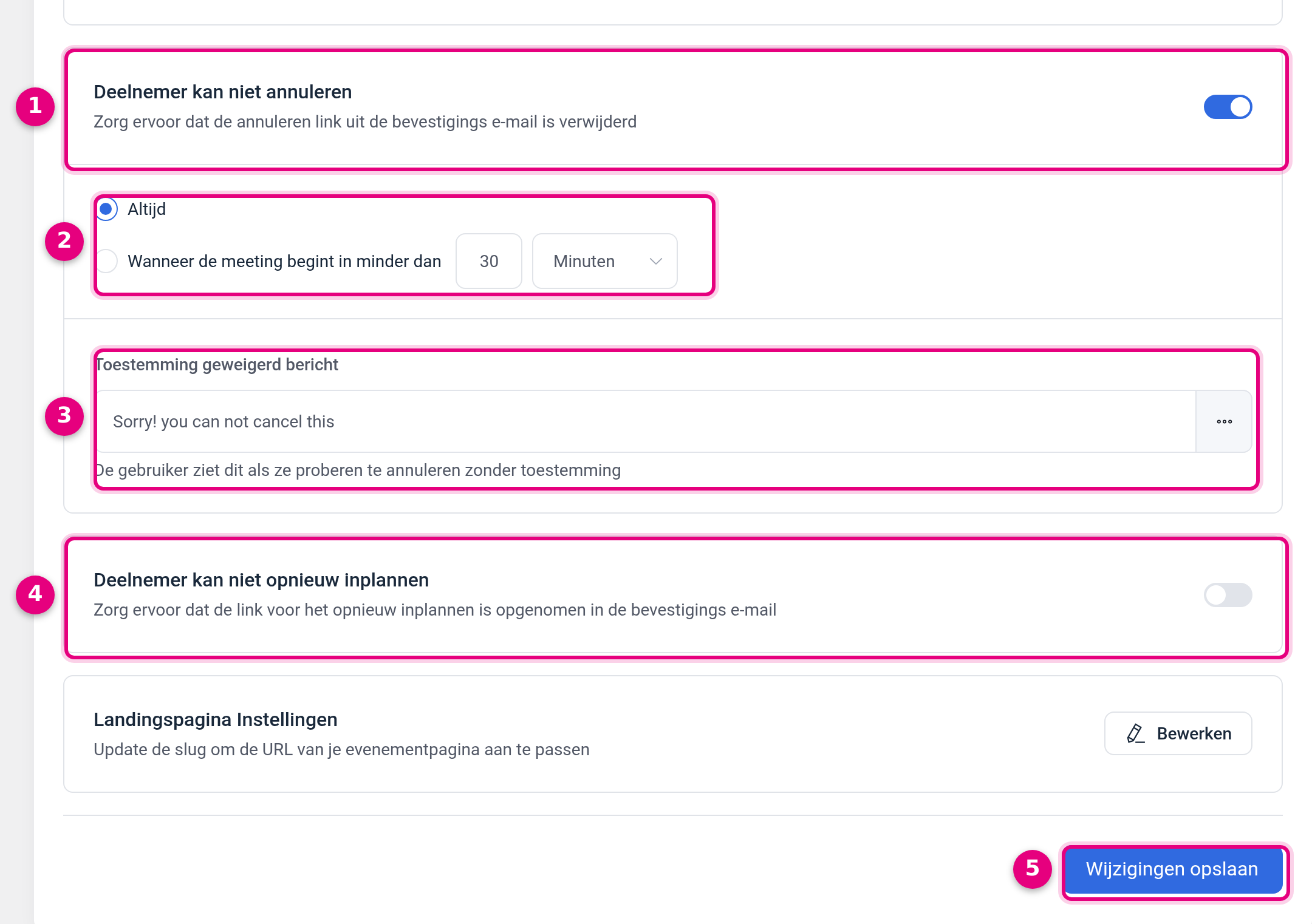 Advanced settings of a booking type with the settings Attendee cannot cancel and Attendee cannot reschedule