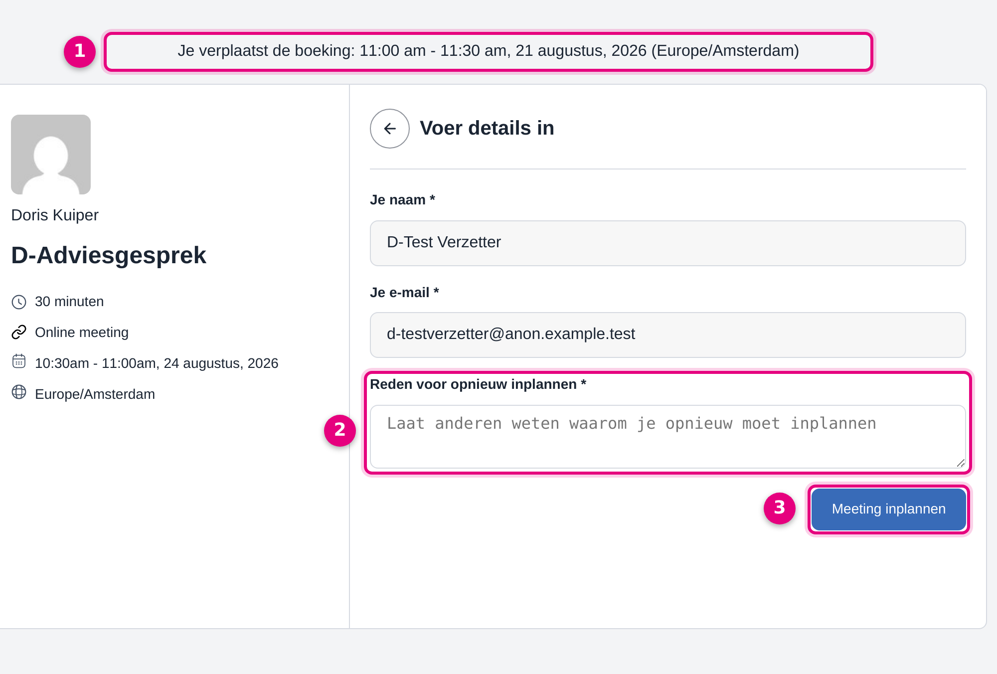 Screen for rescheduling a booking with the message You are rescheduling the booking and the field Reason for rescheduling