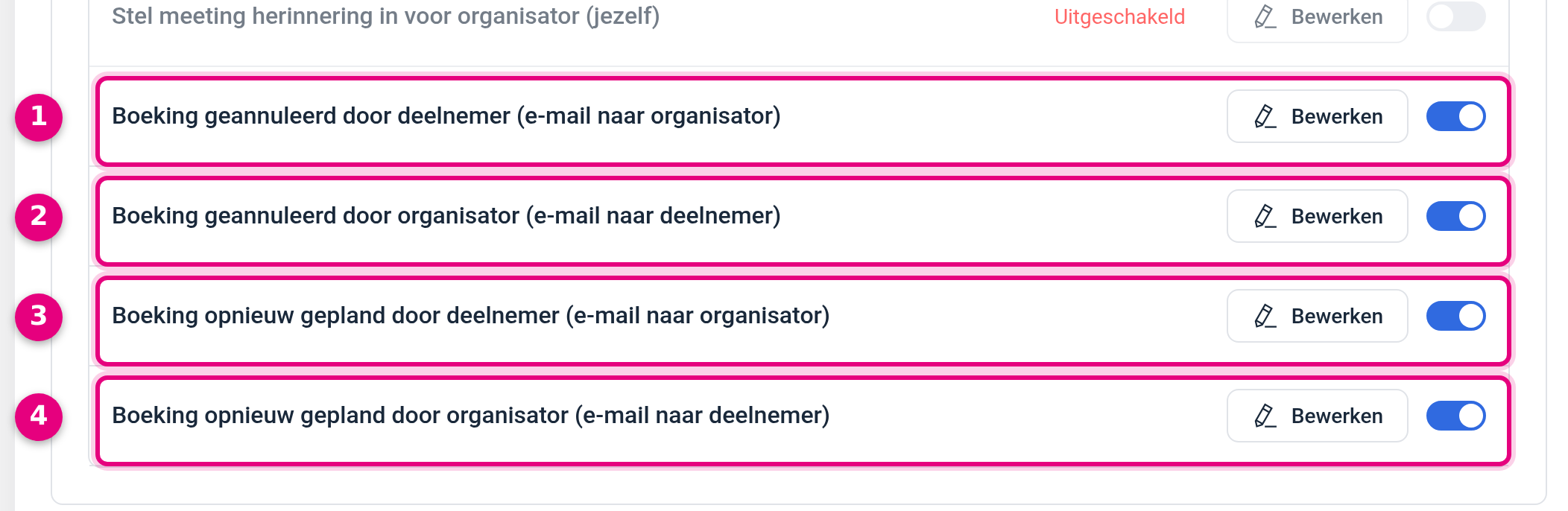 Email notification tab with the four email templates for cancelling and rescheduling