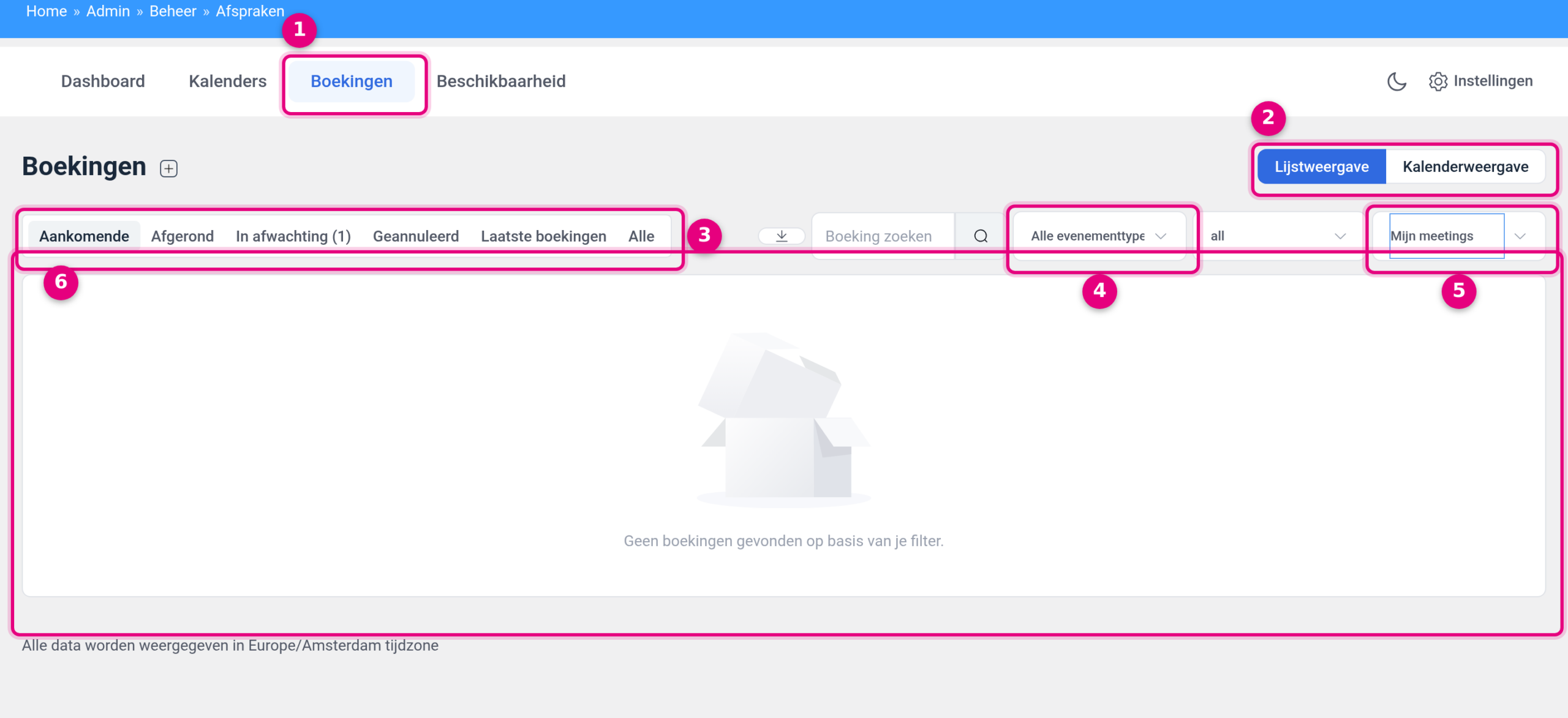 The Bookings screen with the host filter set to My meetings and the message that no bookings were found