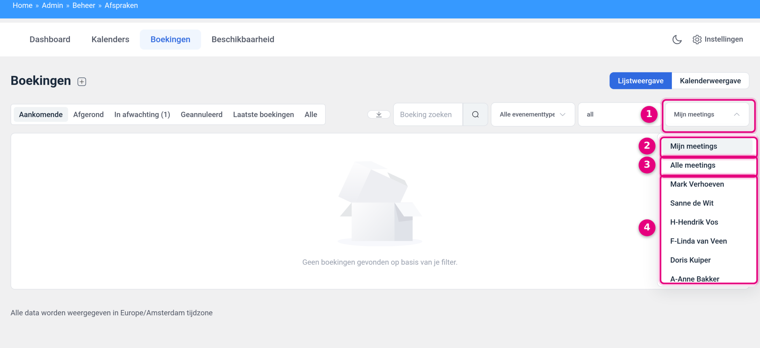 The expanded host filter with the options My meetings, All meetings and the individual calendars