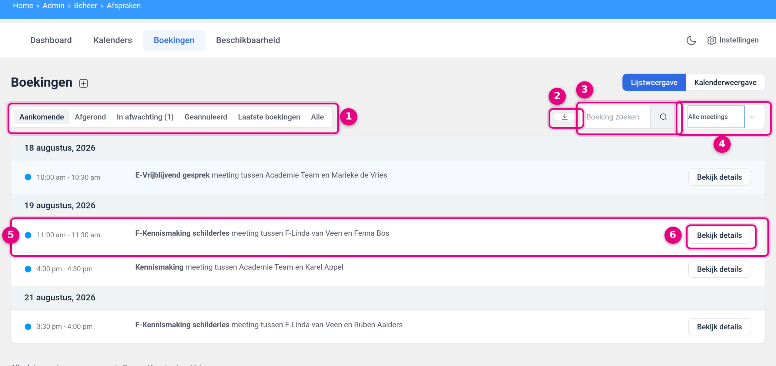 The filled list view with status filters, search field, export button and a View details button for each booking