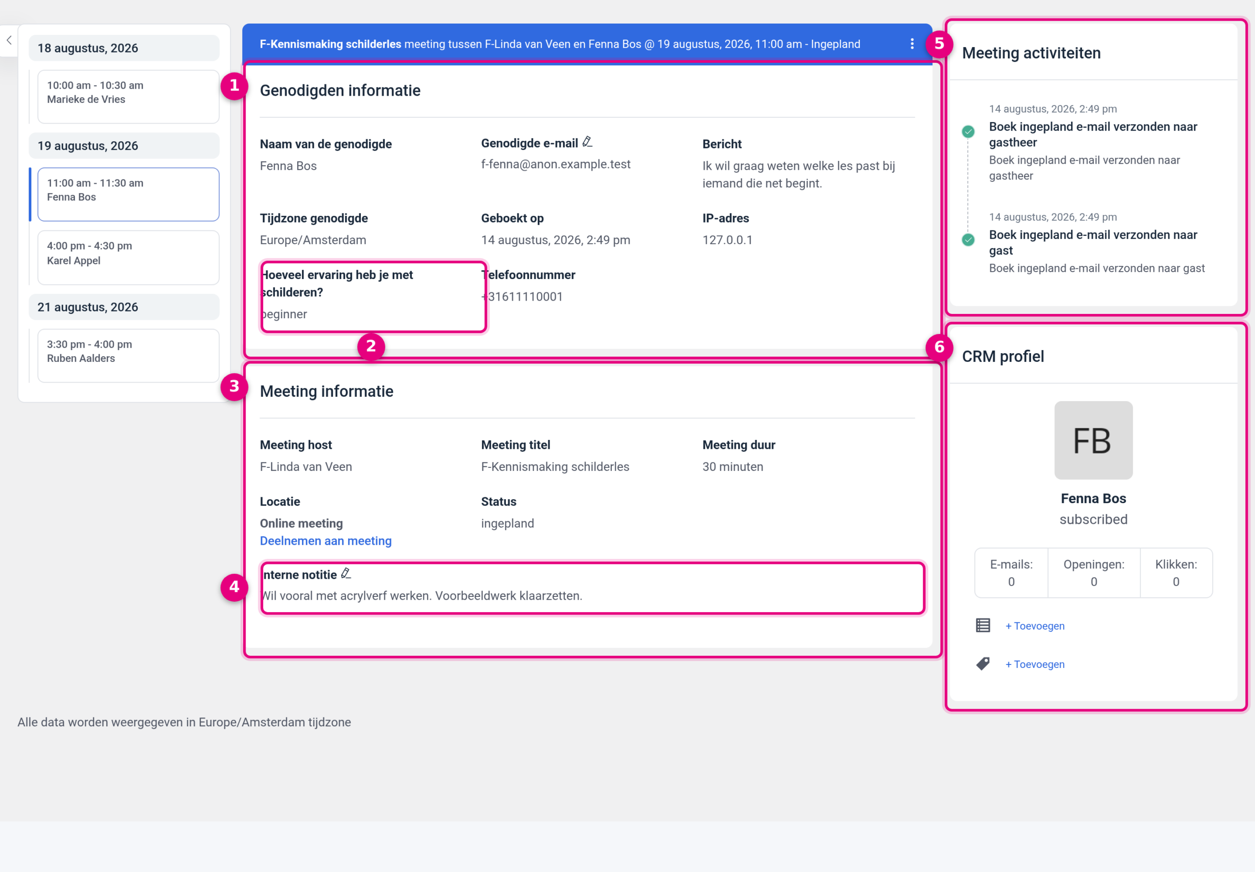 The detail view of a booking with the blocks Invitee information, Meeting information, Meeting activities and CRM profile