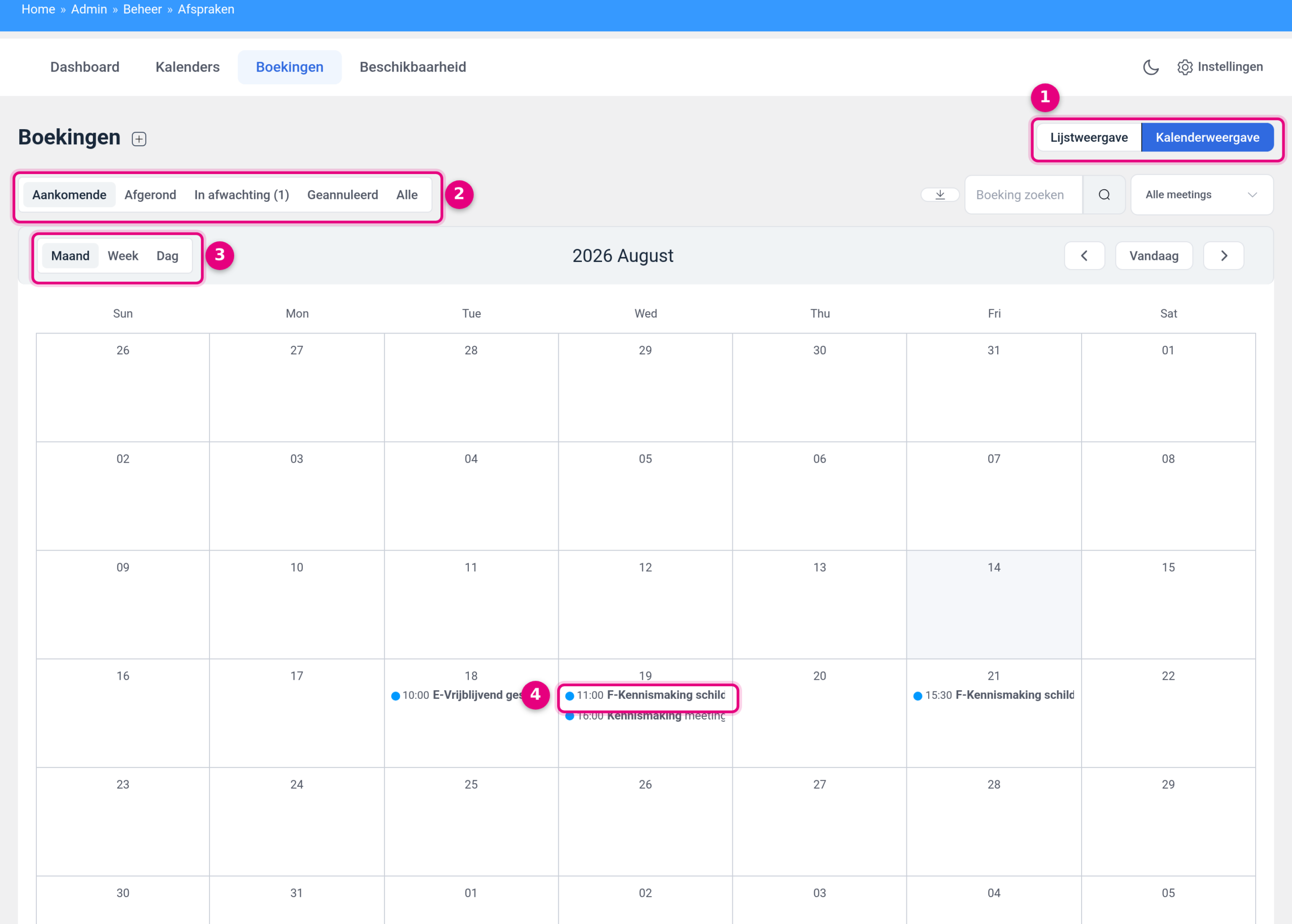 The calendar view of the Bookings screen with the month calendar and the Month, Week and Day buttons