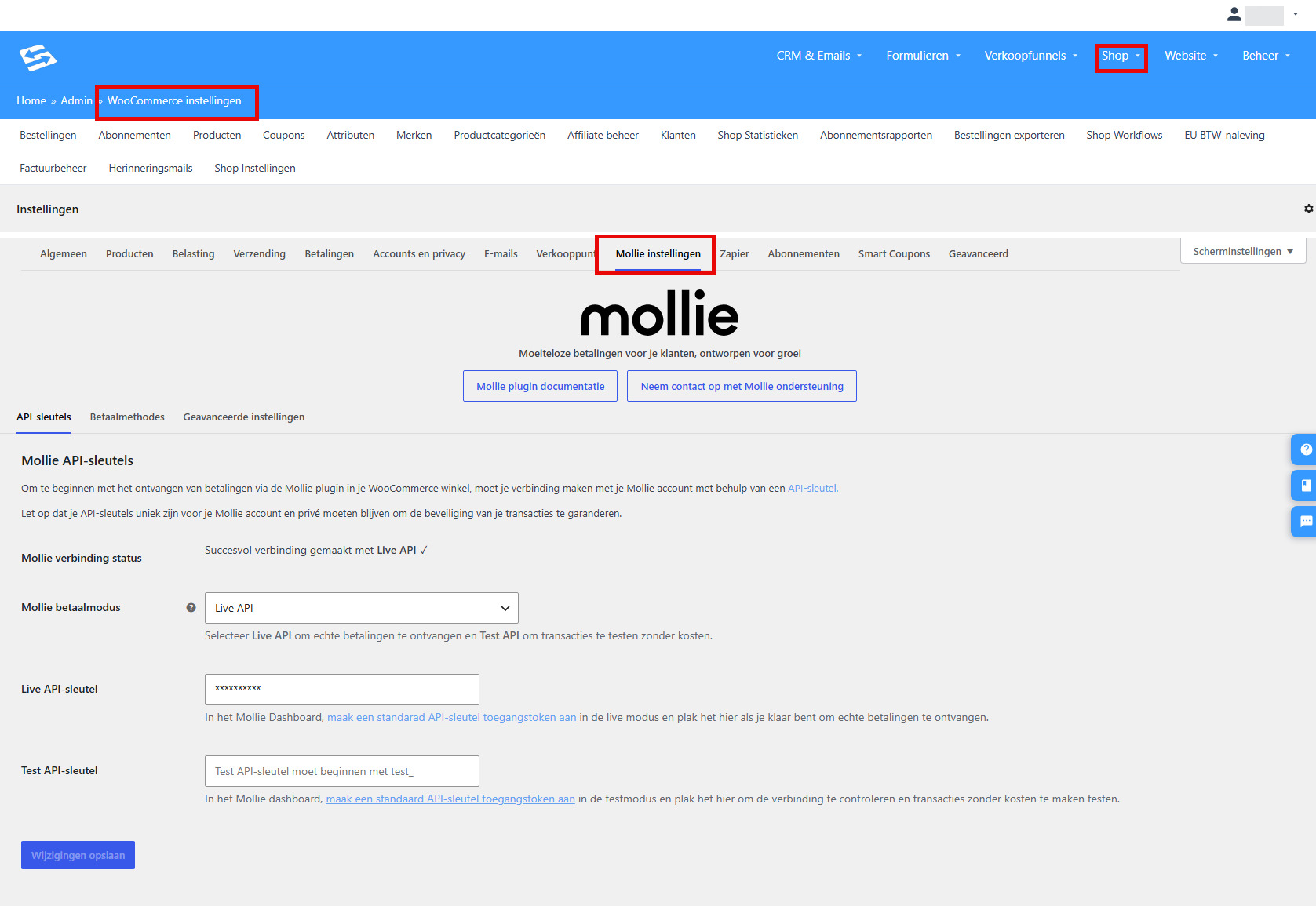 The Mollie settings in the Autorespond shop with the Live API key field and the connection status