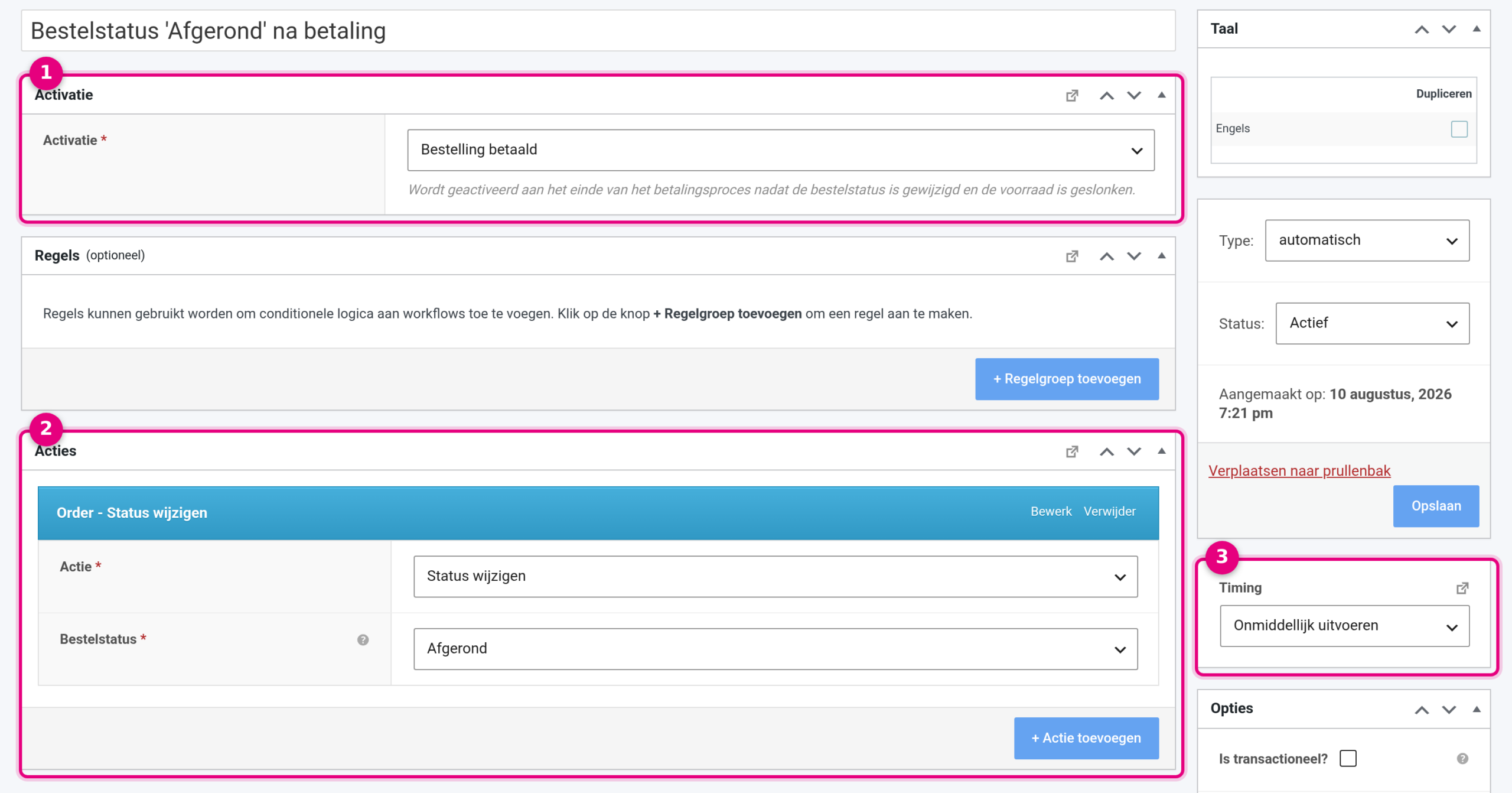 The opened workflow with the trigger Order paid and the action Change status to Completed