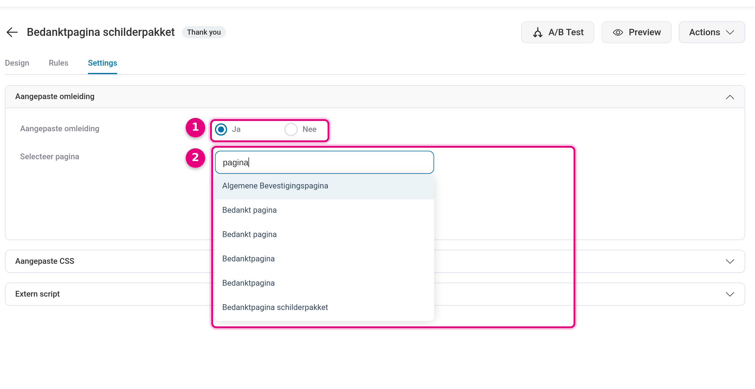 The Custom redirect section on the Settings tab of the thank-you page step