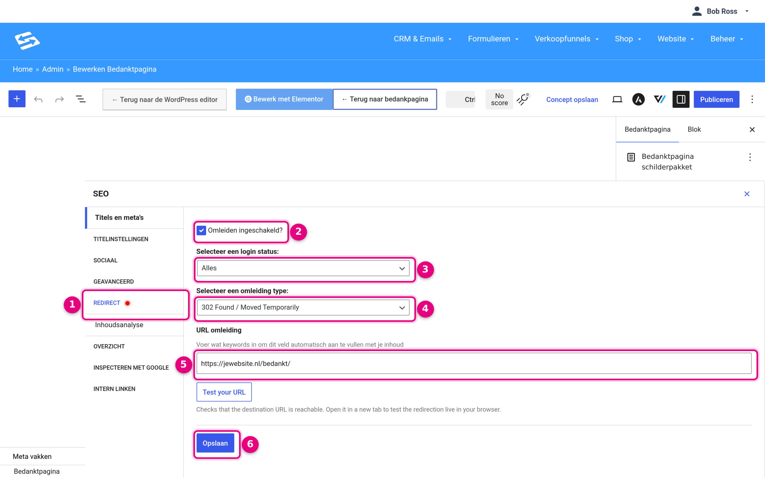 The Redirect tab of the SEO panel on the thank-you page step, with redirection enabled, type 302 and an external URL
