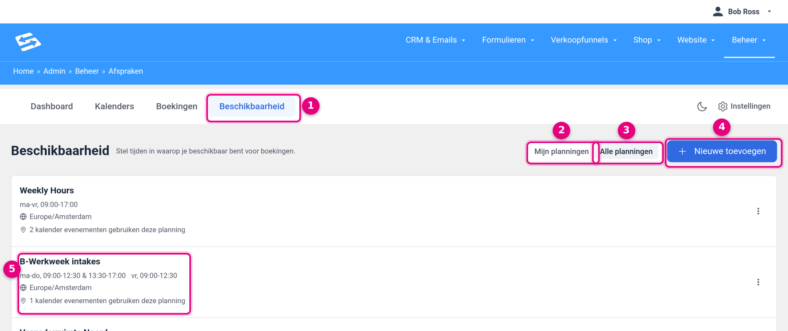 The Availability tab with the buttons My schedules, All schedules and Add new, and an overview of existing schedules