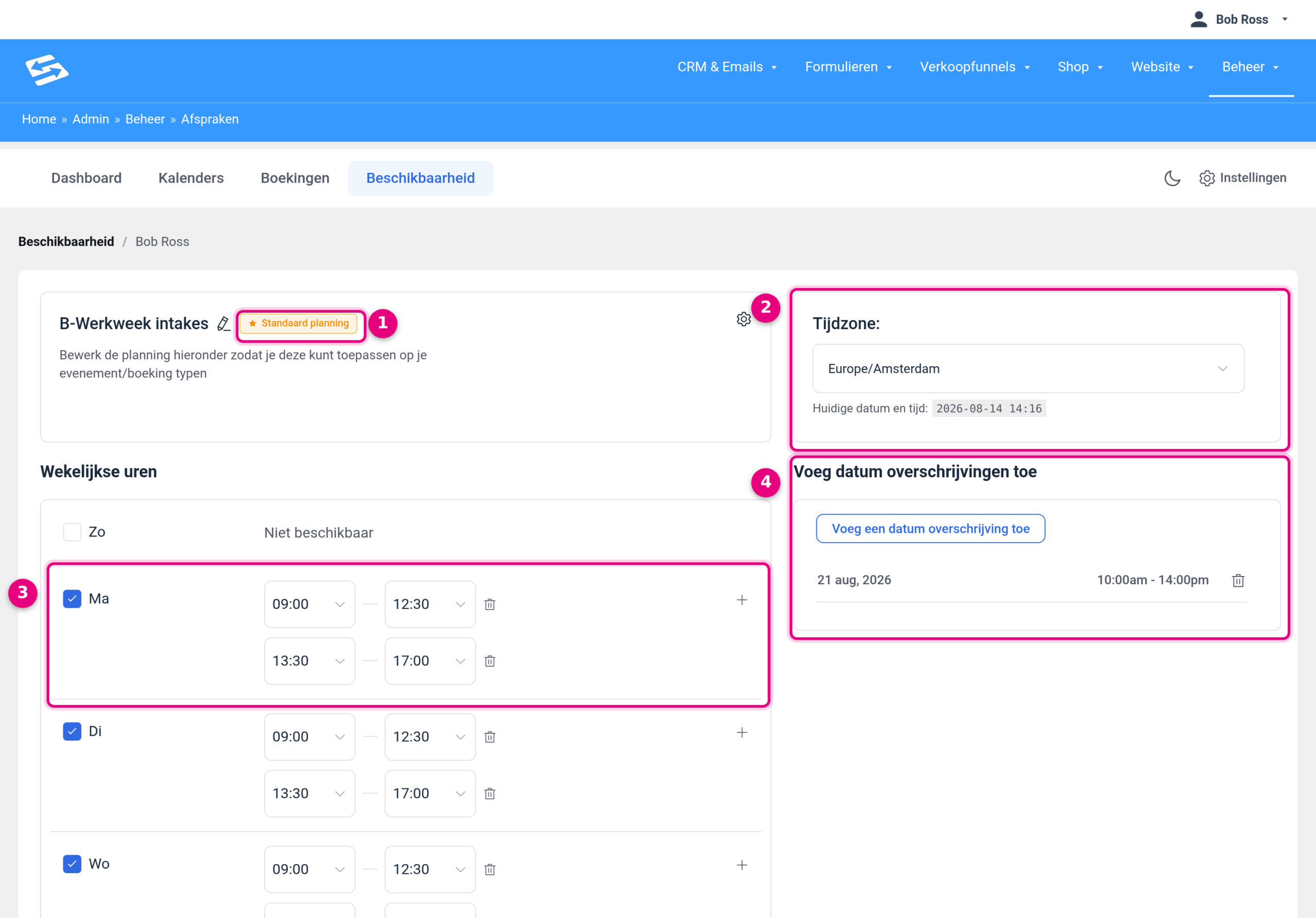 The edit screen of a schedule with the weekly hours per day, two time blocks on Monday and the block with date overrides