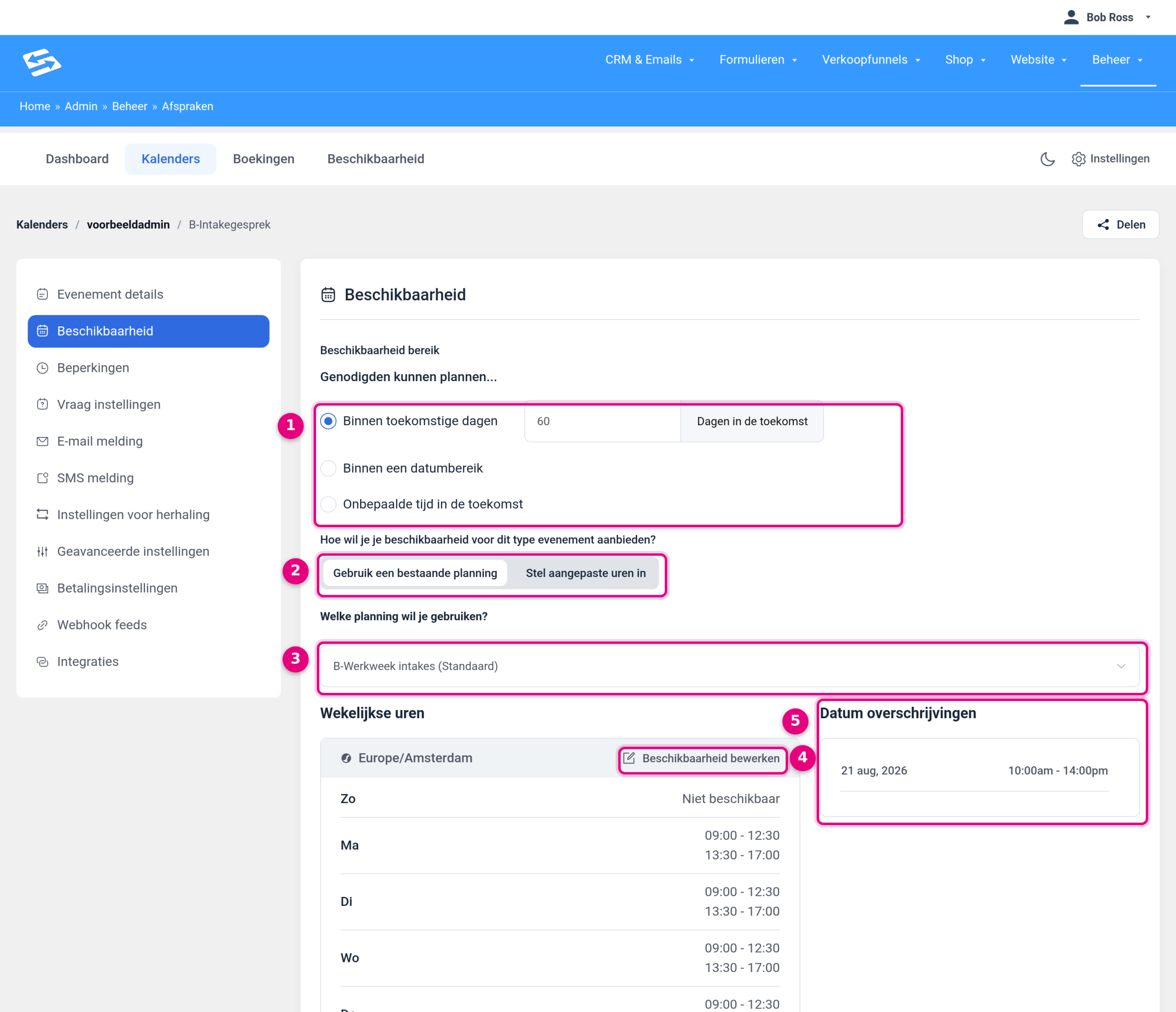 The Availability tab in a booking type with the availability range, the choice between an existing schedule and custom hours, and the week overview
