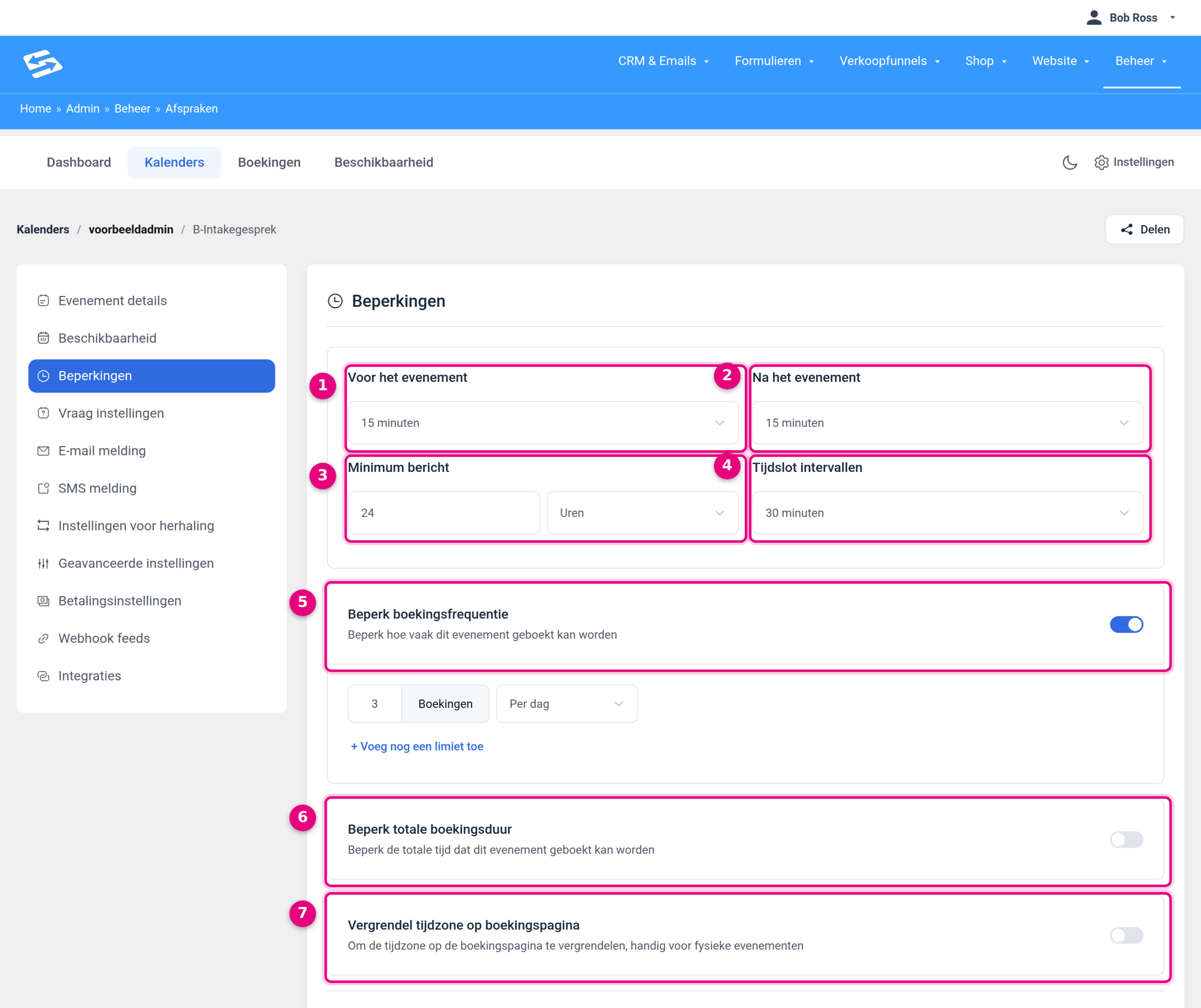 The Limits tab with buffer times before and after the event, minimum notice, time slot intervals and the switches for booking frequency, total booking duration and locking the time zone