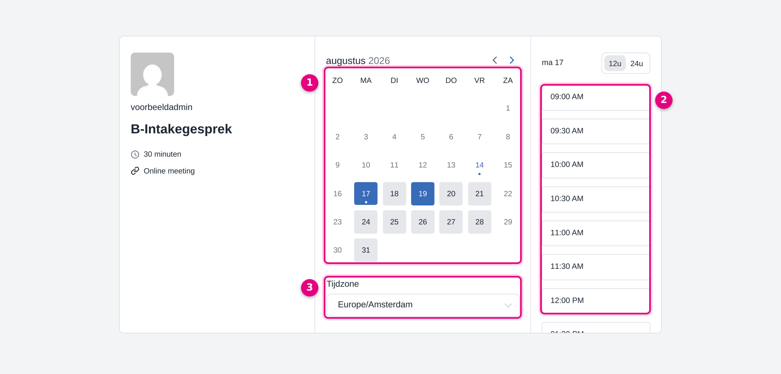 The booking page with the month calendar, the available times for the selected day and the time zone selector
