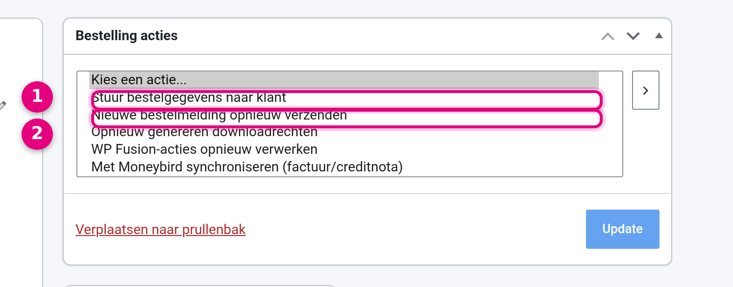 The Order actions block at the top right of the order screen, with the drop-down menu open